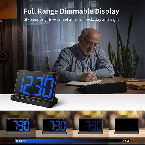 Miniatura 6 de NOKLEAD Reloj despertador digital para dormitorio pantalla LED grande de 6.5 pulgadas, brillo continuo, repetición de 9 minutos, puerto de carga