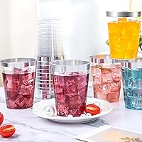Vista 4 de DaYammi 200 Pack Silver Plastic Cups 10 Oz Clear Plastic Cups Silver Rimmed Disposable Wine Glasses Heavy Duty Disposable Tumblers Drinking Cocktail