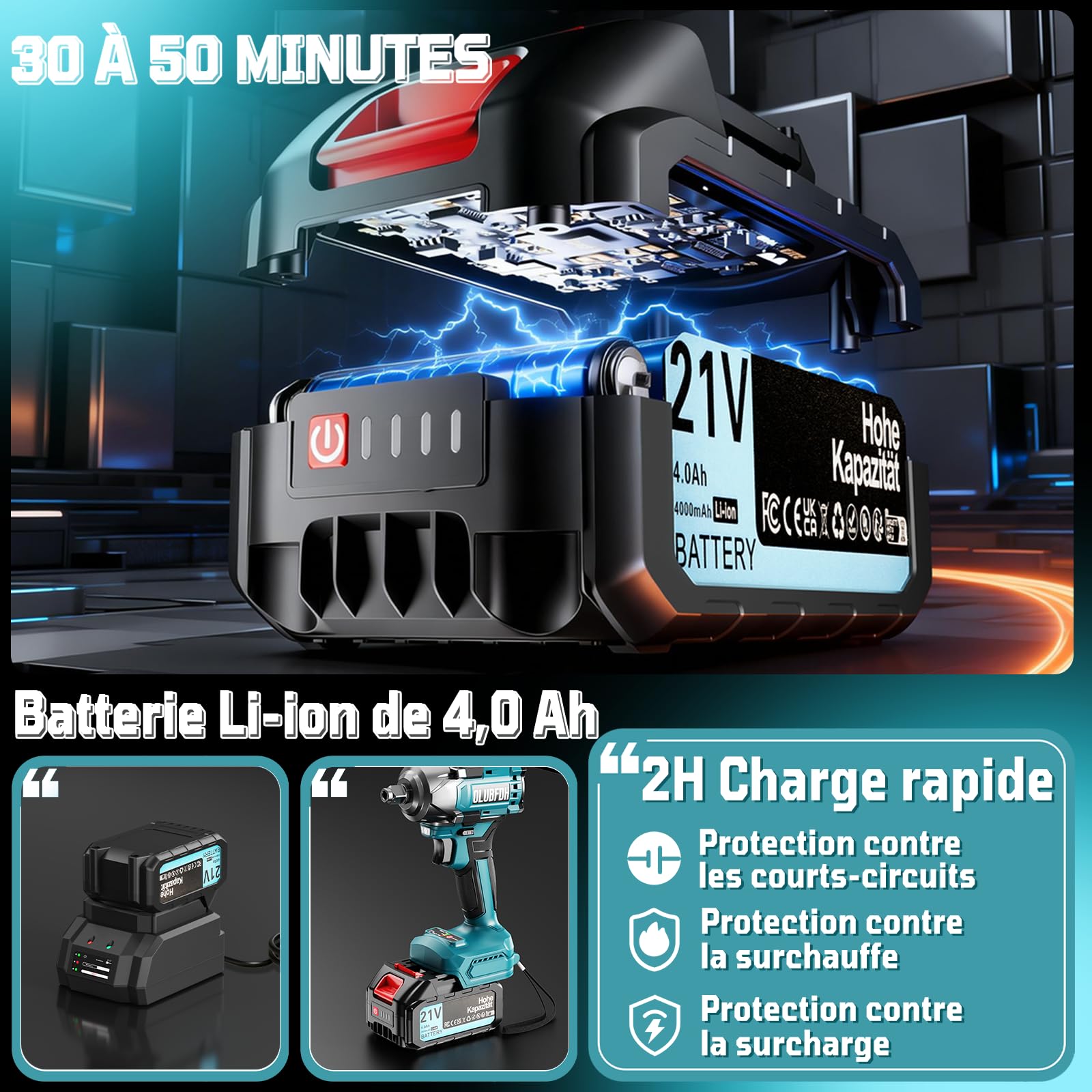 Clé à Chocs Sans Fil Brushless, avec 4.0 Ah Batteries, Couple Maximal 500 Nm, avec 6 Douilles à Chocs, chargeur rapide, 21V Visseuse à Chocs pour Voiture Familiale/Camionnette