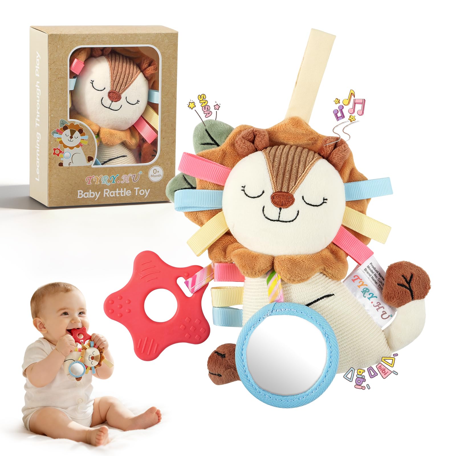 TYRY.HU Sensory for Babies, Lion Plush Rattle Toy, Teether Star, Squeaker and Mirror, Gift for Newborns 0 3 6 12 Months