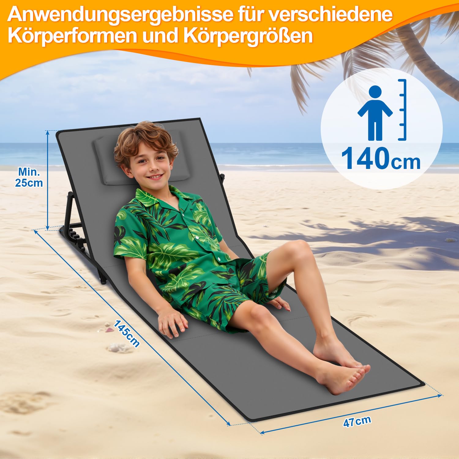 2-częściowy zestaw dywaników plażowych z oparciem, składany, lekki leżak plażowy z 5-stopniową regulacją wysokości, na plażę, do ogrodu i na taras, udźwig 100 kg (145 cm, ciemnoszary)
