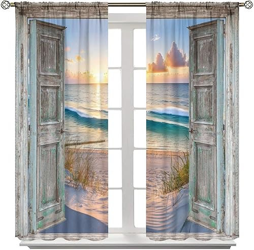 Miniatura 2 de Cortinas opacas para puerta de granero verde azulado con diseño de océano, playa, estilo hawaiano, puesta de sol, olas de mar, madera retro,
