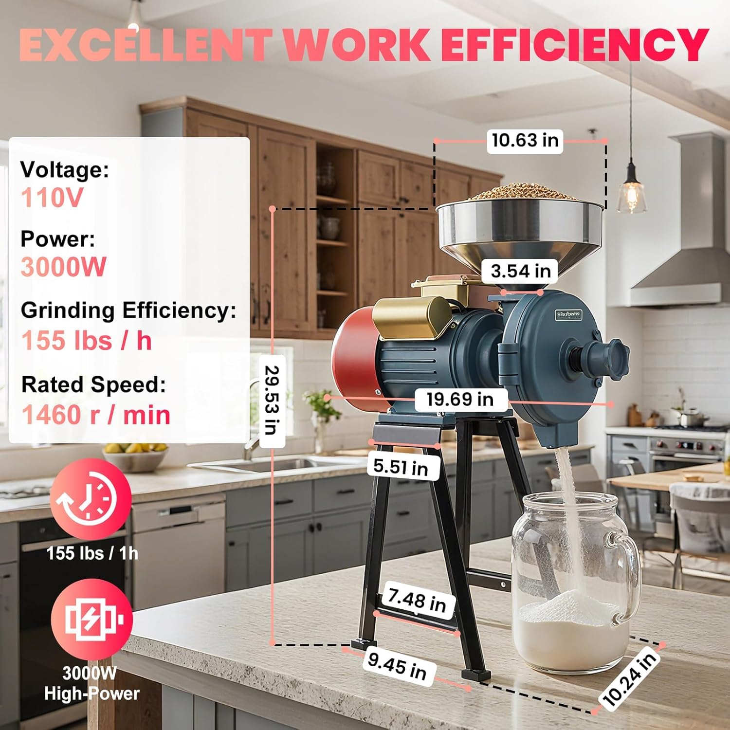 Molinillo de grano comercial de 3000 W, molinillo de maíz eléctrico seco y húmedo con embudo, molinillo de maíz ajustable de grosor, molinillo de especias