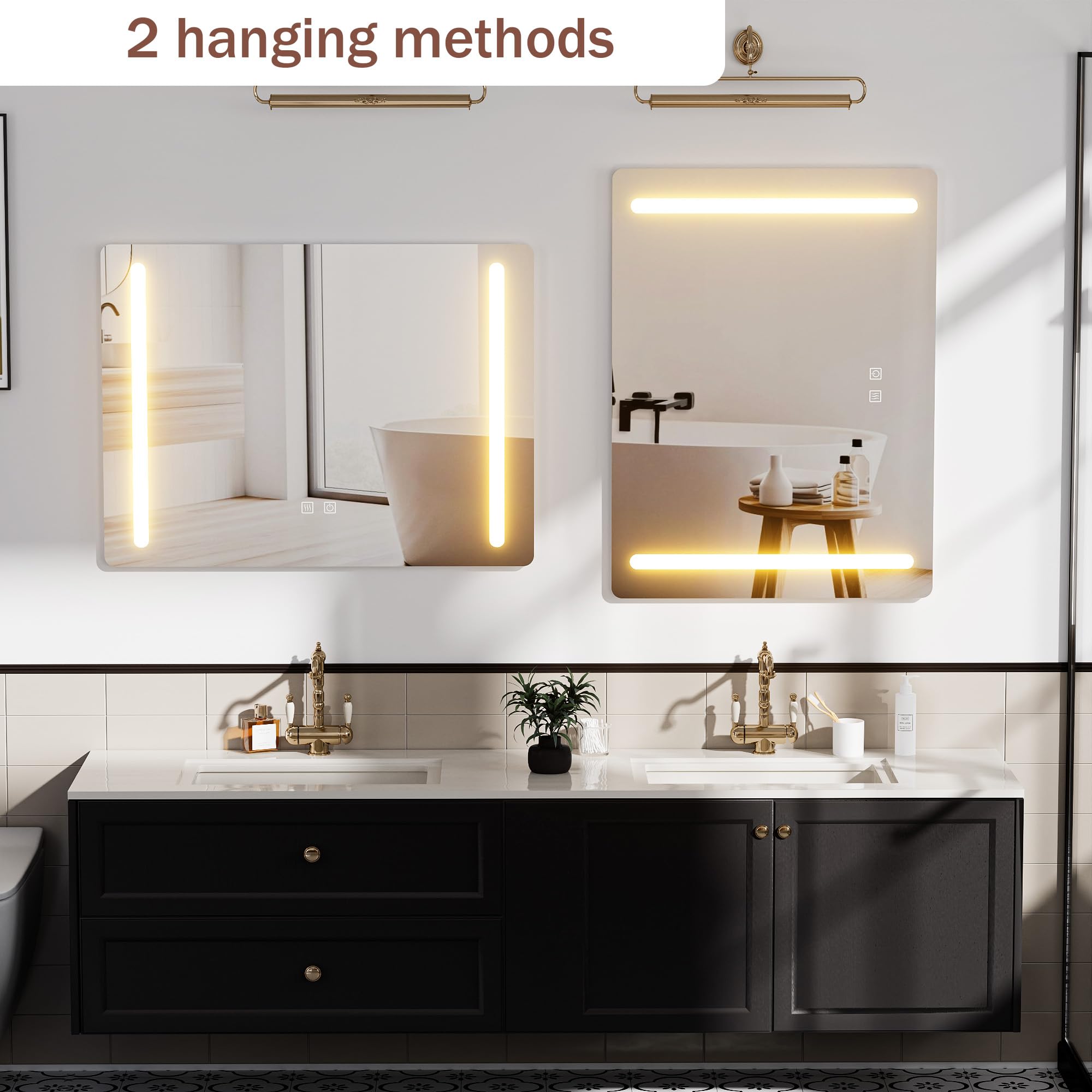 Espejo de baño con luz y antivaho, 80 x 60 cm, rectangular, espejos de pared para baño con LED iluminado, ajustable en 3 colores (enchufe estándar europeo)
