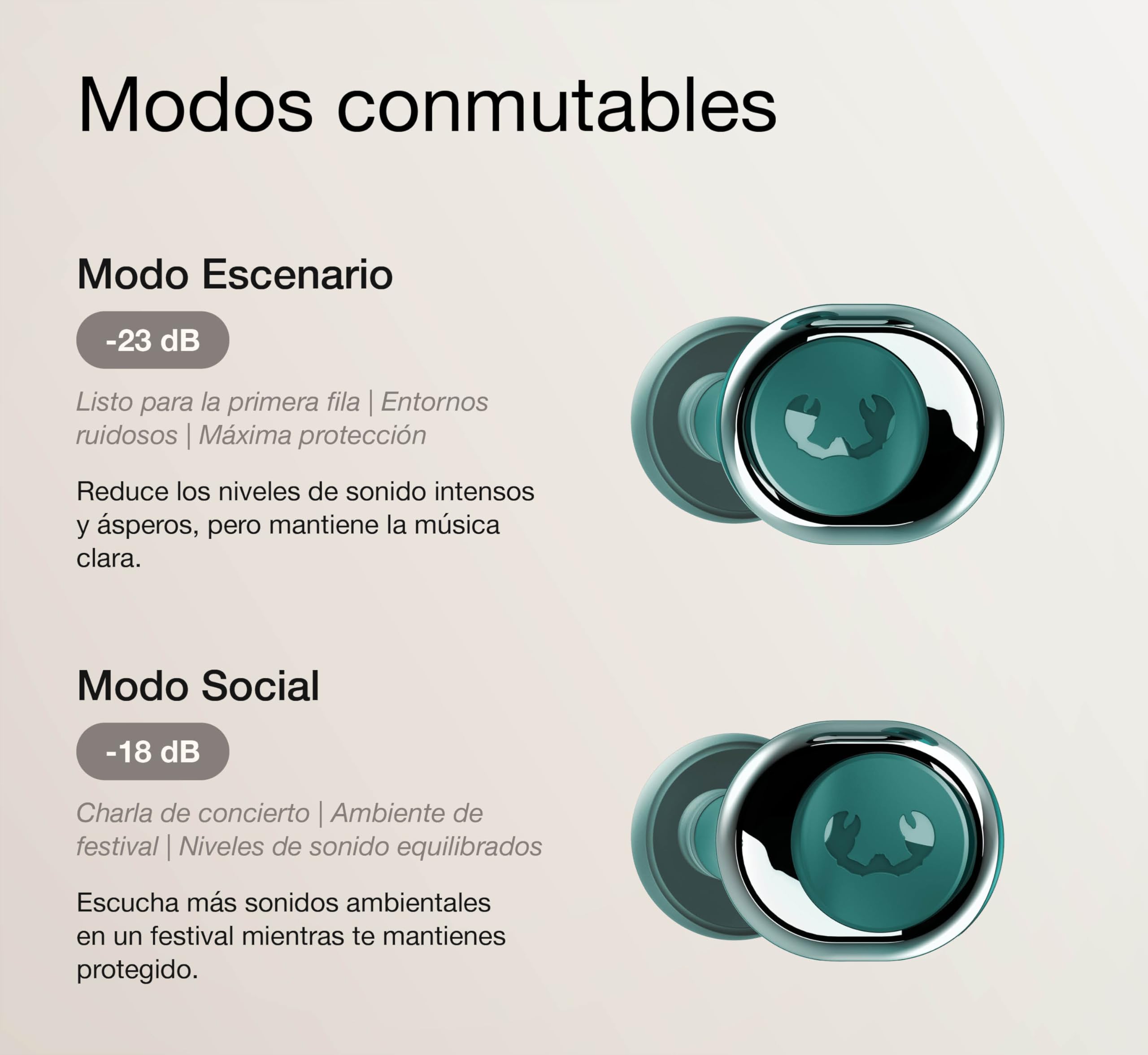 Pearls Ombré Tapones para Oídos para Conciertos con Modos Social & Stage (18 dB/23 dB), Protección Auditiva para Festivales y Clubs, Find My & Android Find Hub, Estuche Chrome LED (Emerald Green)
