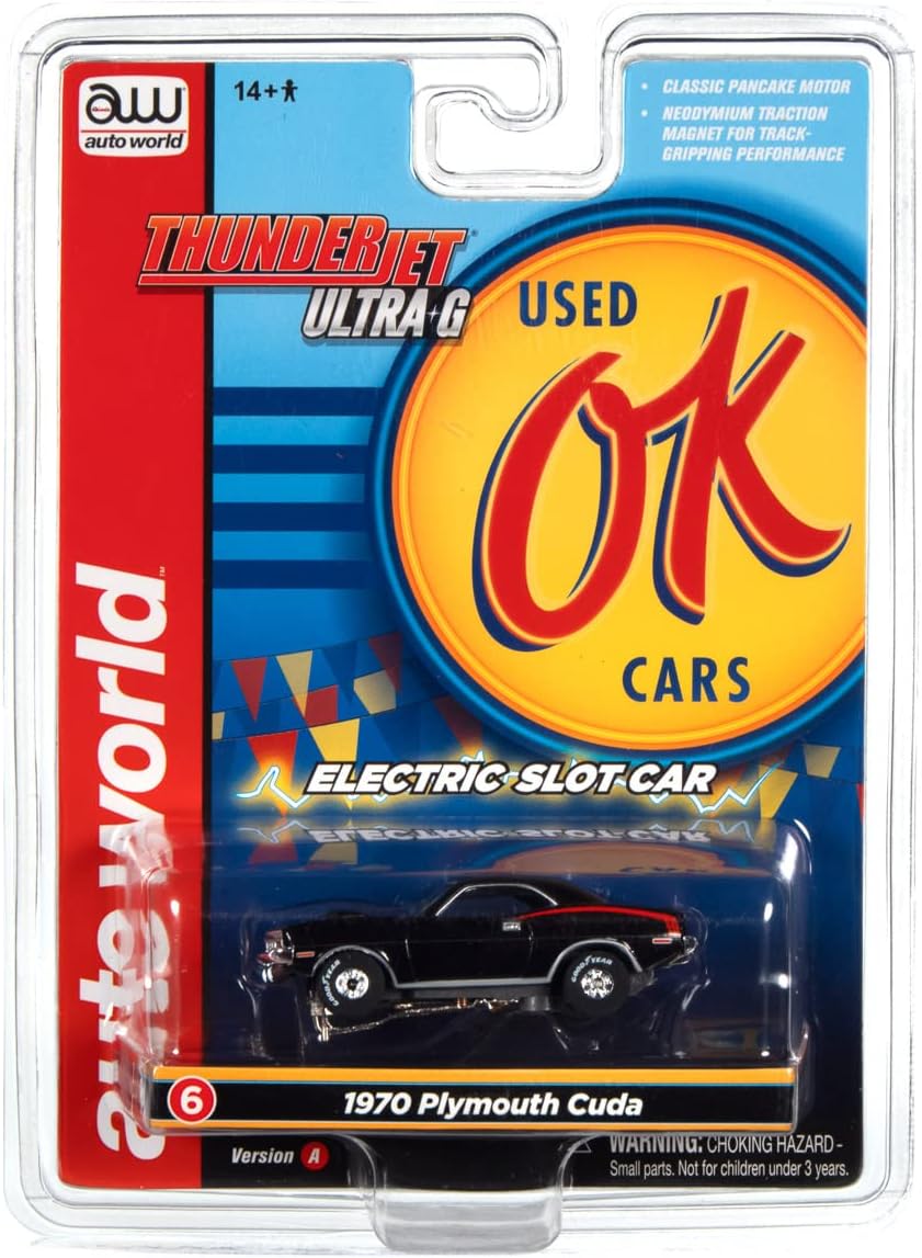 Auto World Thunderjet OK Used Cars 1970 Plymouth Cuda (Black) HO Scale Slot Car