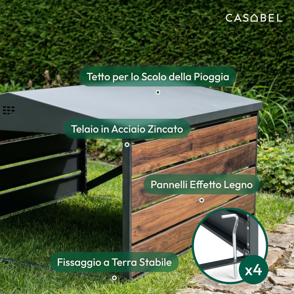 CASABEL Casetta per robot tagliaerba acciaio zincato, tetto a doppia falda | Protezione dalle intemperie, Acciaio zincato robusto, Tetto doppia falda, Riparo universale, Effetto legno, Montaggio facile