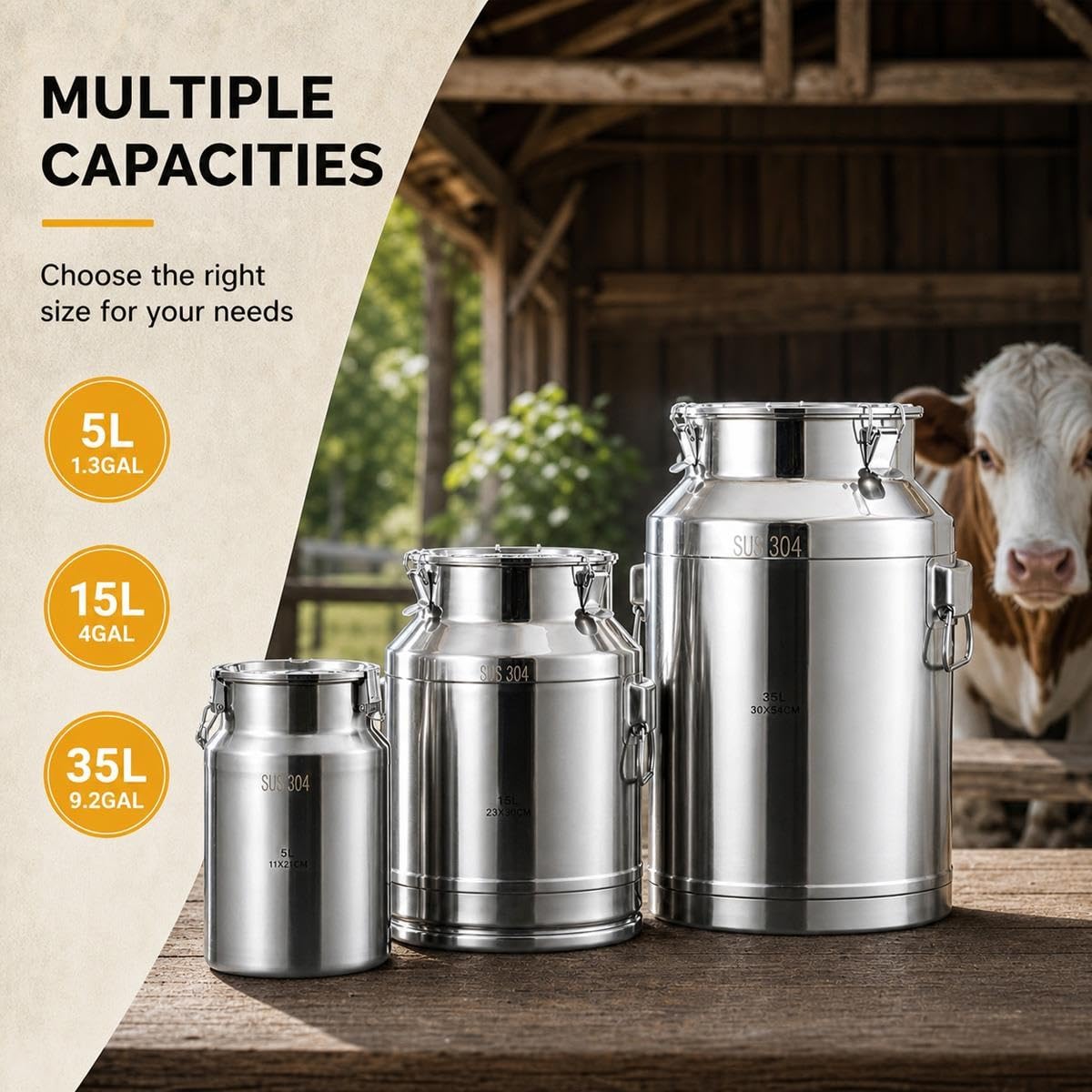 Pot à Lait INOX 5L 18L 35L 88L avec Couvercle Scellé, Seau Alimentaire en Acier Inoxydable Étanche pour Ferme et Cuisine, Bidon de Transport pour Lait, Miel et Céréales(No Spigot,24L/6.34Gal)