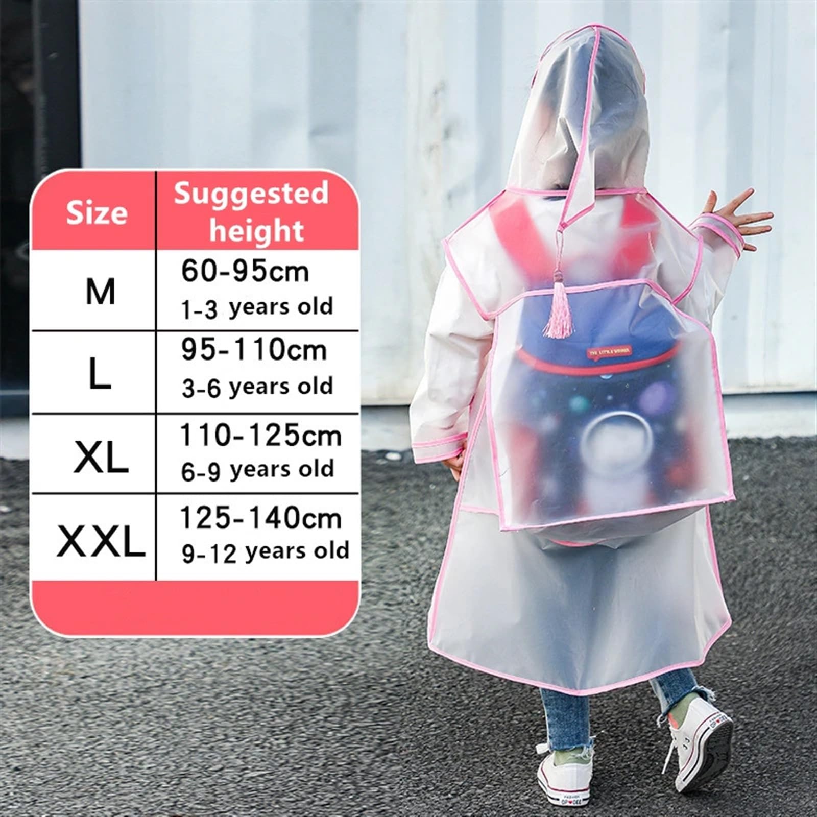 Chubasquero para Niños Chubasquero Transparente for niños y niñas, Poncho Impermeable de Cuerpo Entero for Alumnos de guardería, con Espacio for Mochila Escolar(Pink,XL)