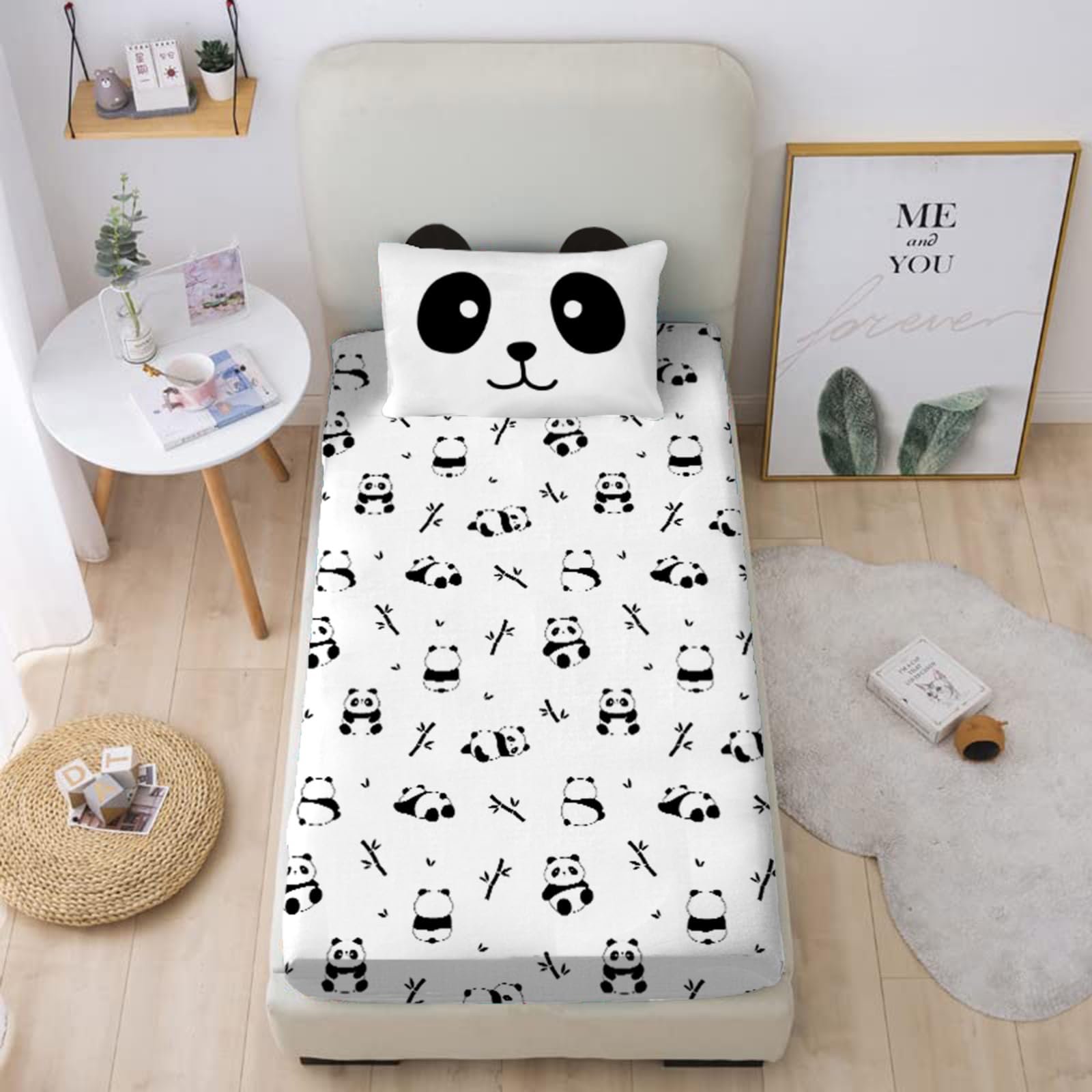 MUSOLEI Panda Sheets Panda Fitted Sheets Cute Animal Bed Set with 3D Ear Girl Twin Bed Sets Girl Full Bedding Kids Bedding Cute Kids Bed Sheets 1 Flat