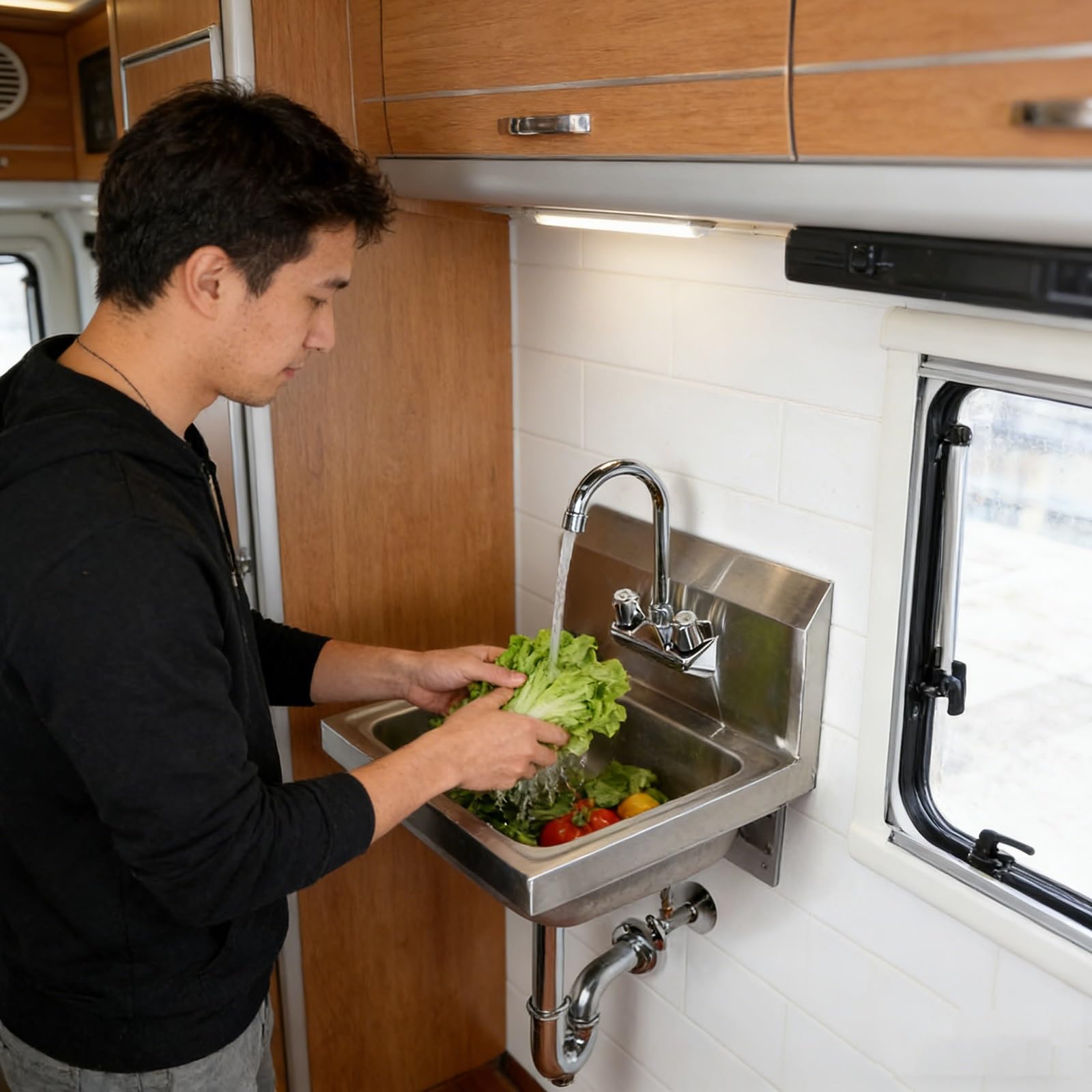 Fregadero Portatil Camping, Fregadero Pequeño de Pared con Grifo de Agua Fría y Caliente, Lavabo Caravana de Acero Inoxidable con Desagüe para Autocaravanas, Barcos