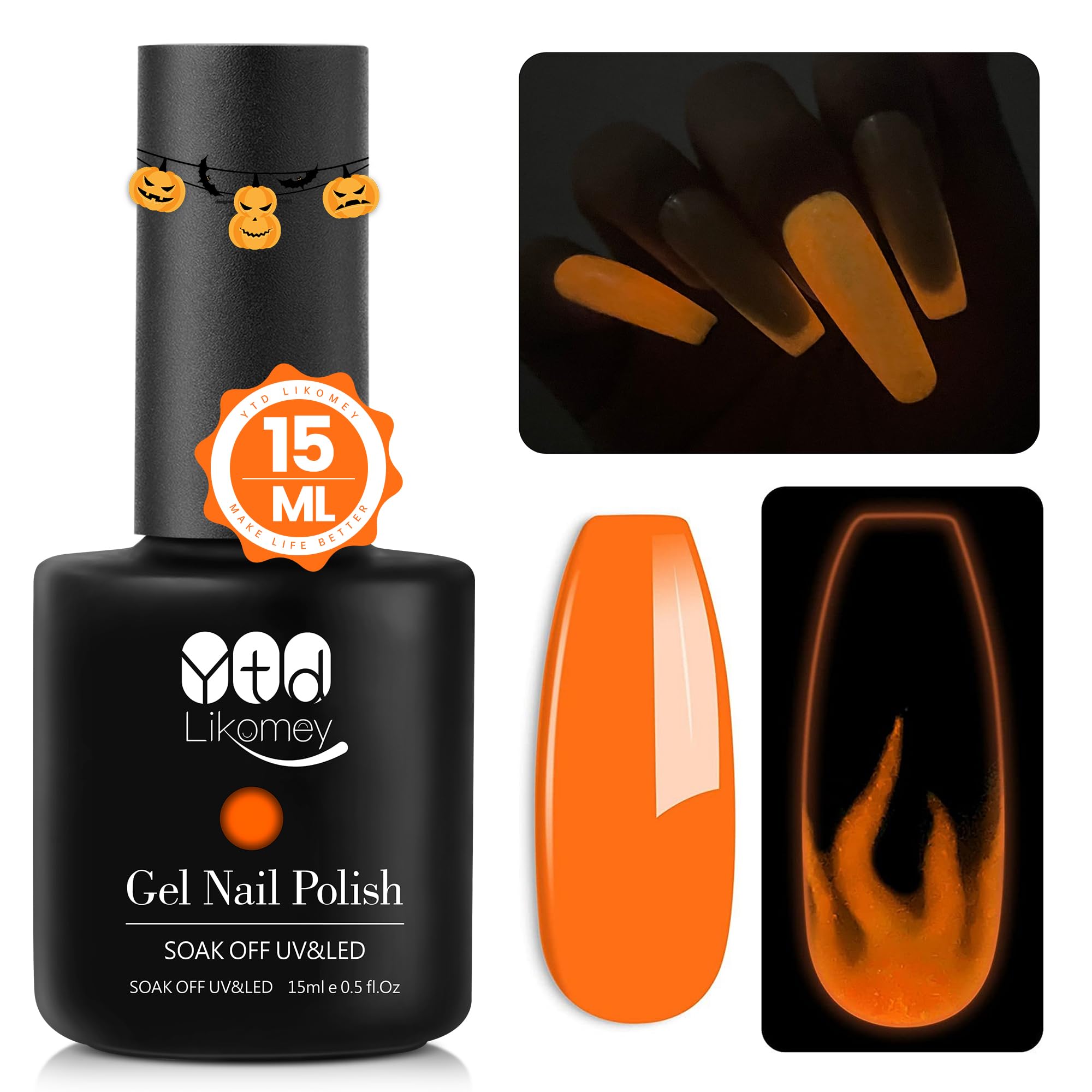 YTD Likomey Glow in the Dark Gel Nail Polish,15ml Neon Orange Luminous Glow Effect Nails Gel,Fluorescent Bright Manicure Salon Home DIY Fall Winter UV Manicure Varnish,YG05