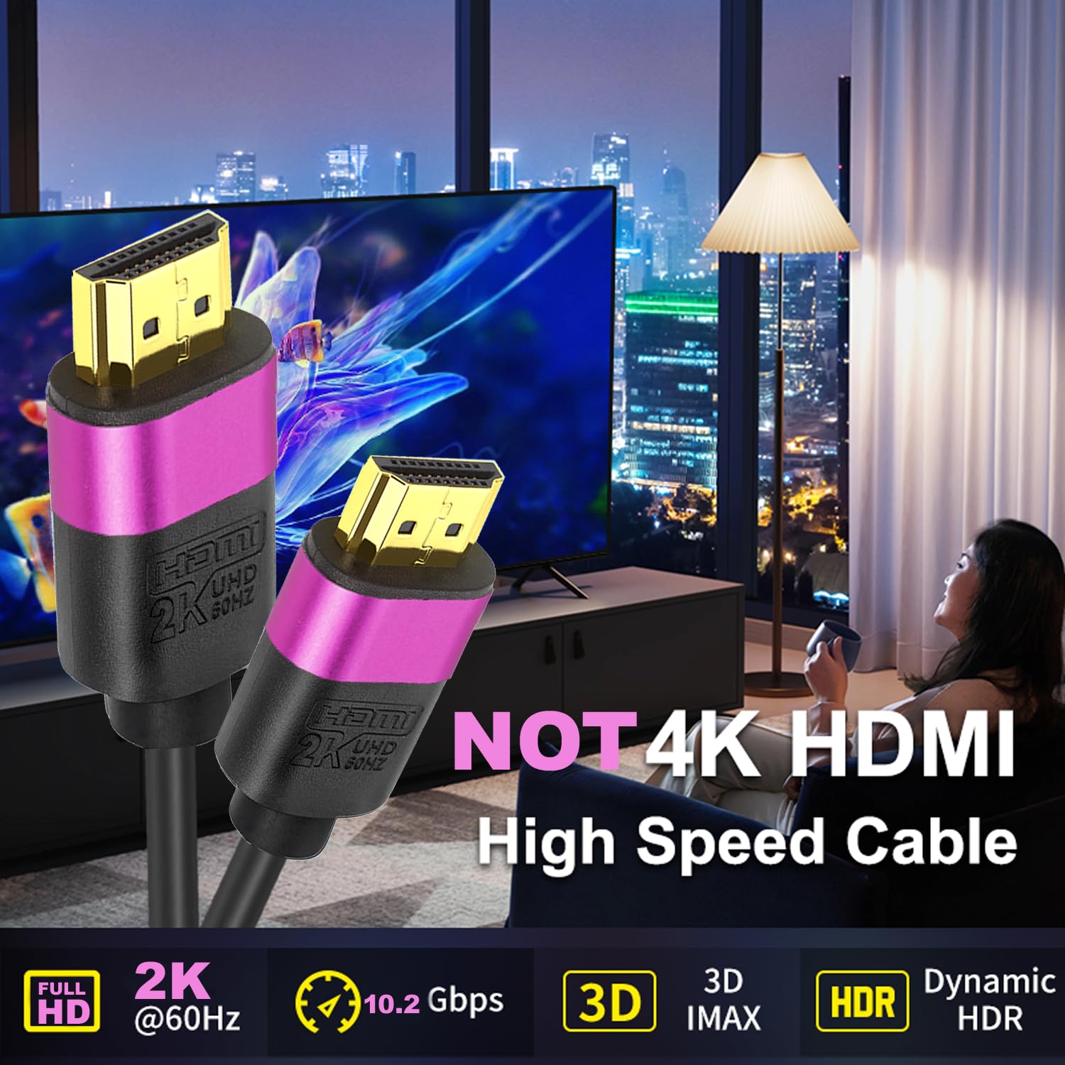 Cable HDMI de 80 pies, cable HDMI largo de alta velocidad, conector dorado (morado) 2K @60Hz 1080P DTS:X, HDCP 2.2 y 2.3, HDR 10 compatible con Roku TV/PS5/HDTV/Blu-ray