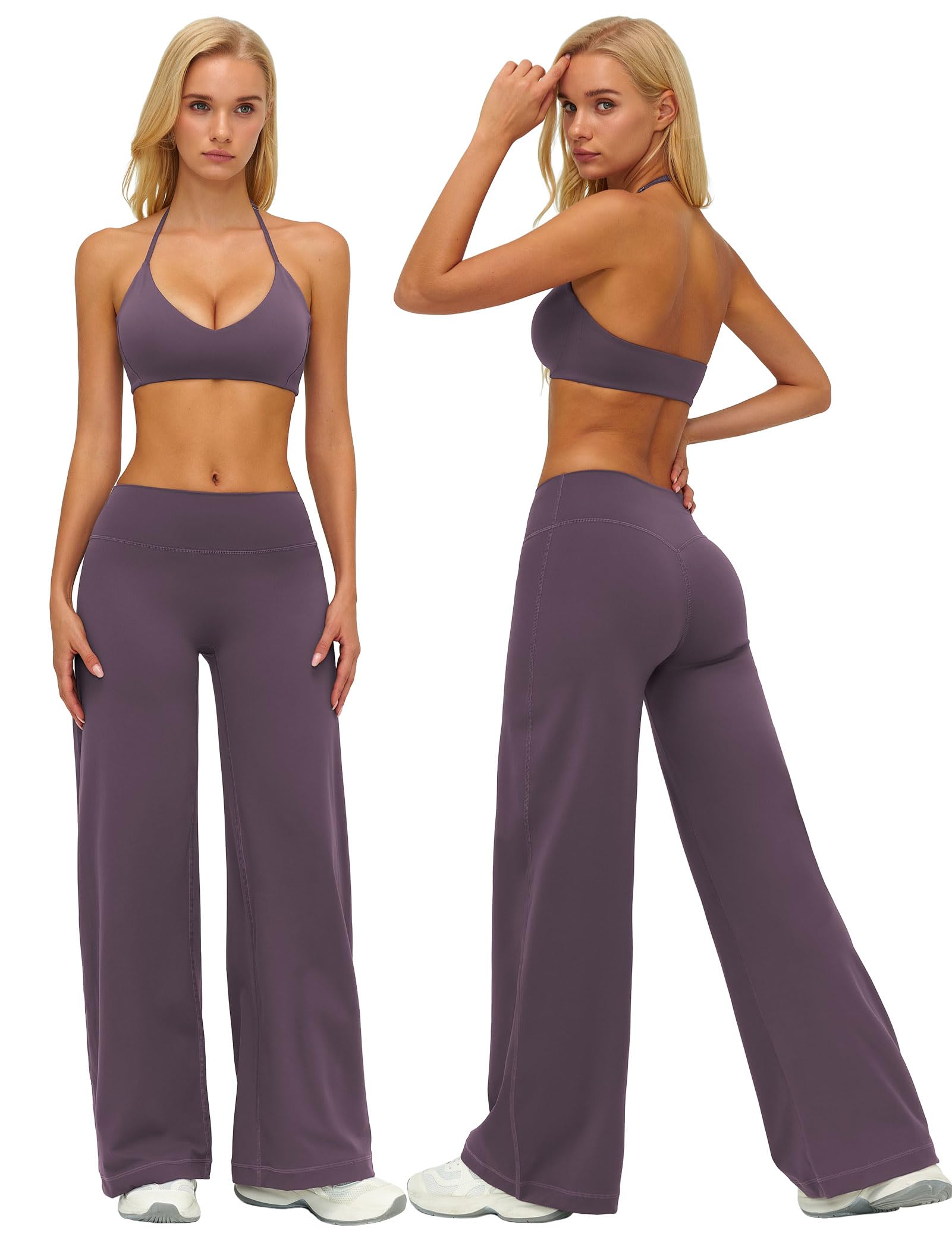 IDOPIP Sport-Set Damen Neckholder Zweiteiler: Rückenfrei Gym Set V-Ausschnitt Yogahose mit geradem Bein - Sportanzug für Fitness Yoga Pilates Workout