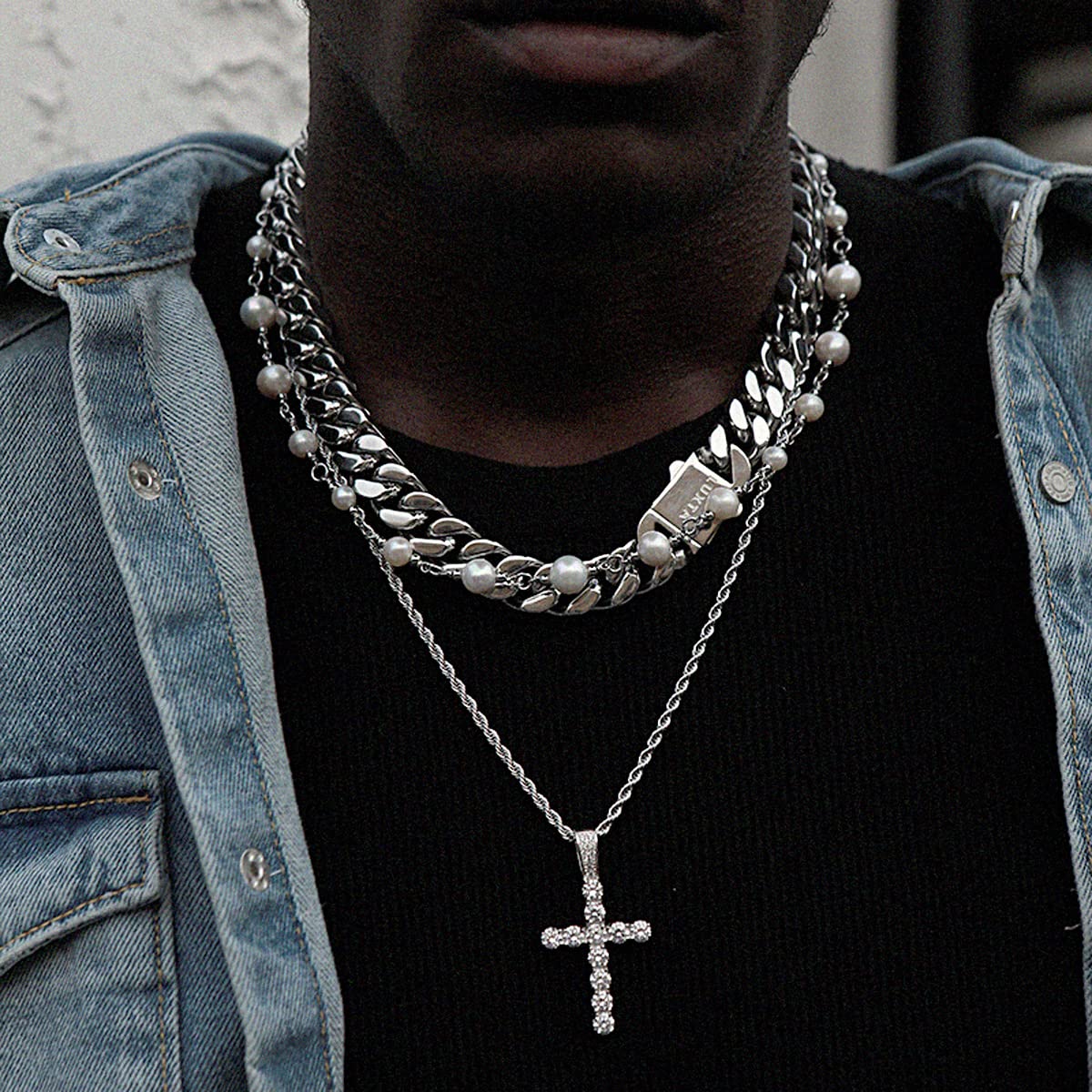 Collana Uomo Donna, Croce Collane Girocollo Uomo Acciaio Inox con Zirconi, Catena con Pendente Croce Catenina Rapper, Retrò Catenella Acciaio Inossidabile Ciondolo Pendaglio Regalo per Ragazzo