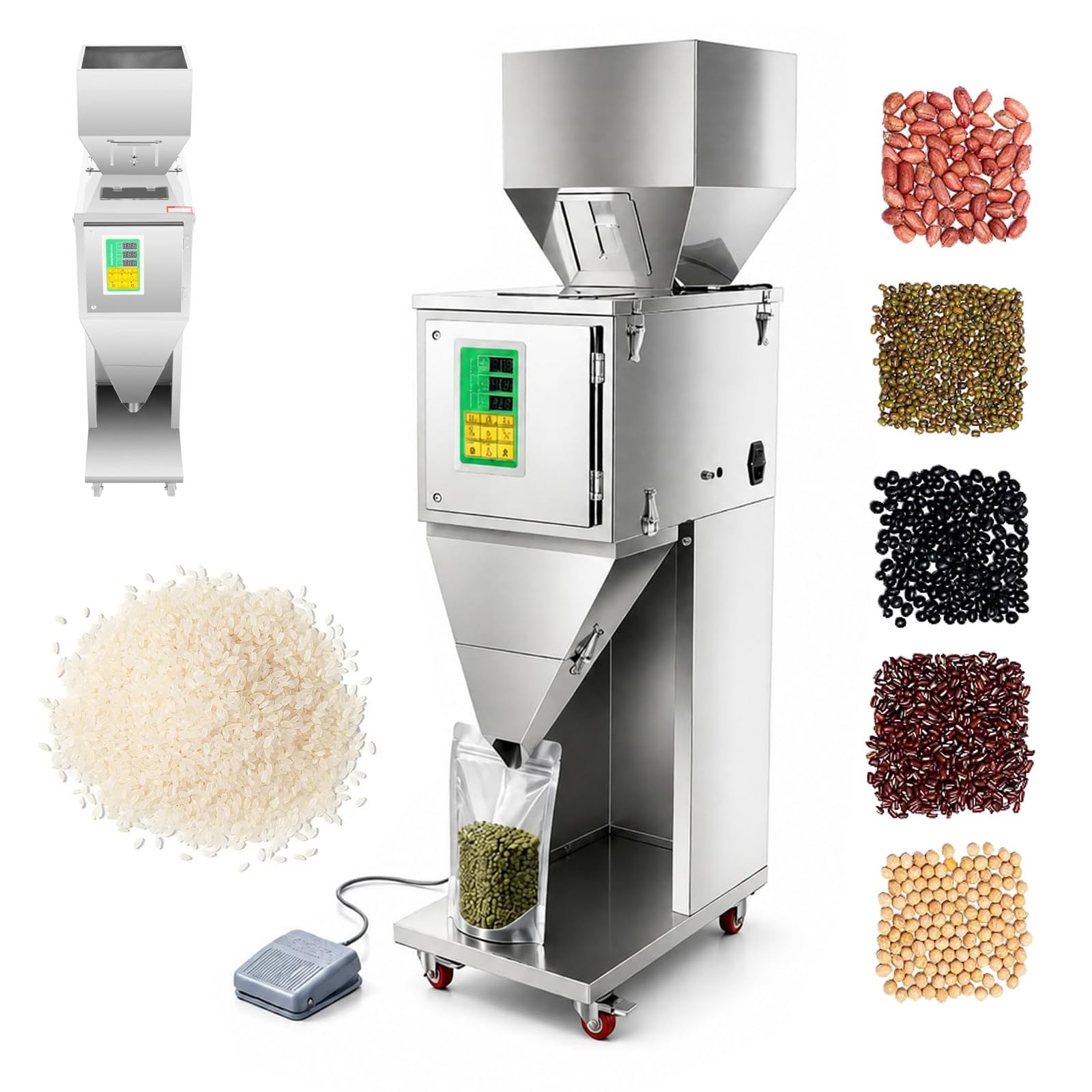 Macchina riempitrice e pesatrice automatica, in acciaio inox, per confezionamento di particelle, ideale per piccoli negozi al dettaglio. Riso, arachidi e granulati misti.