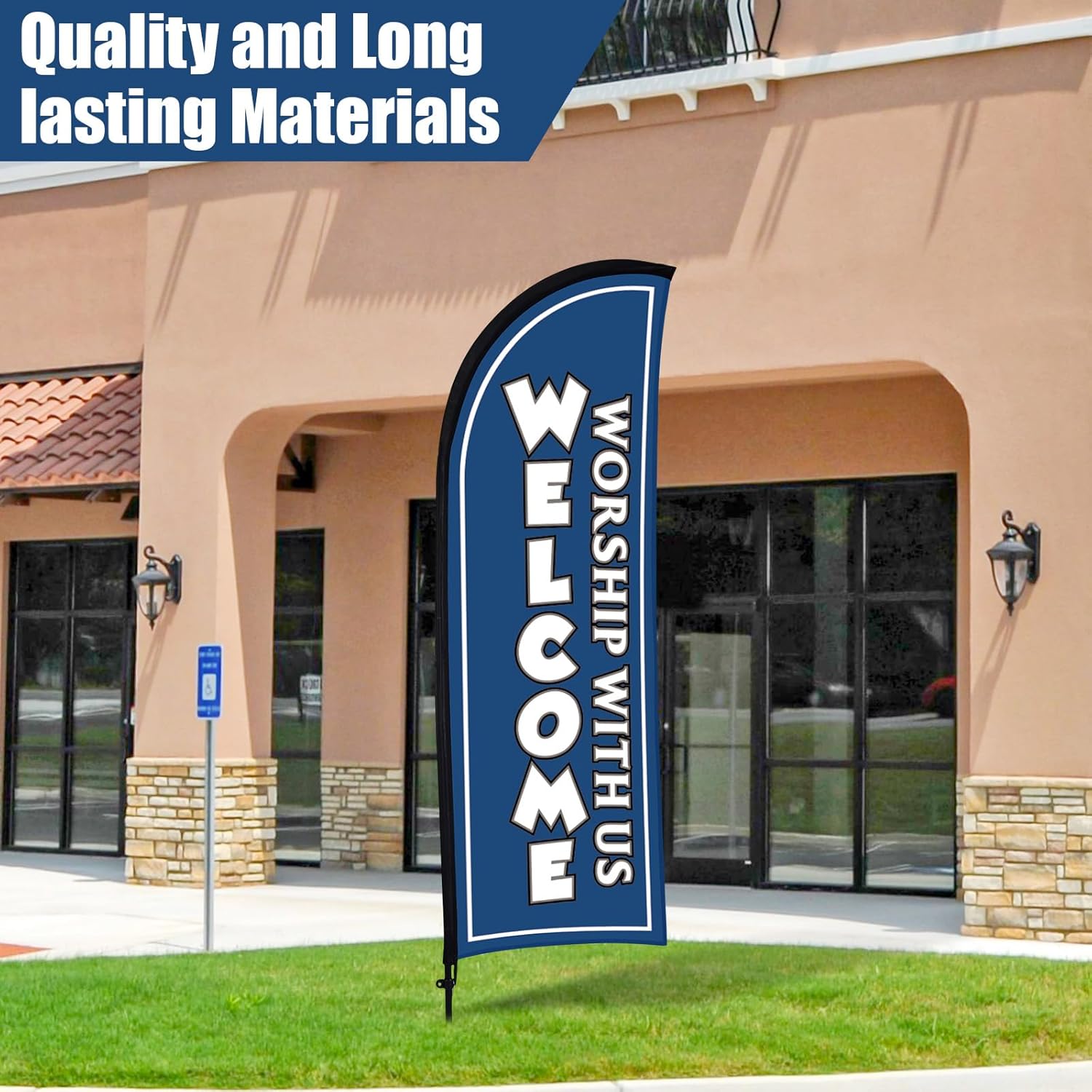 Buryeah 2 Sets Welcome Feather Flag Sign Kit 8 ft Welcome Banners Swooper Flag with Fiberglass Poles and Point Stake for Outdoor Business and Events Promotion (Church,Blue)