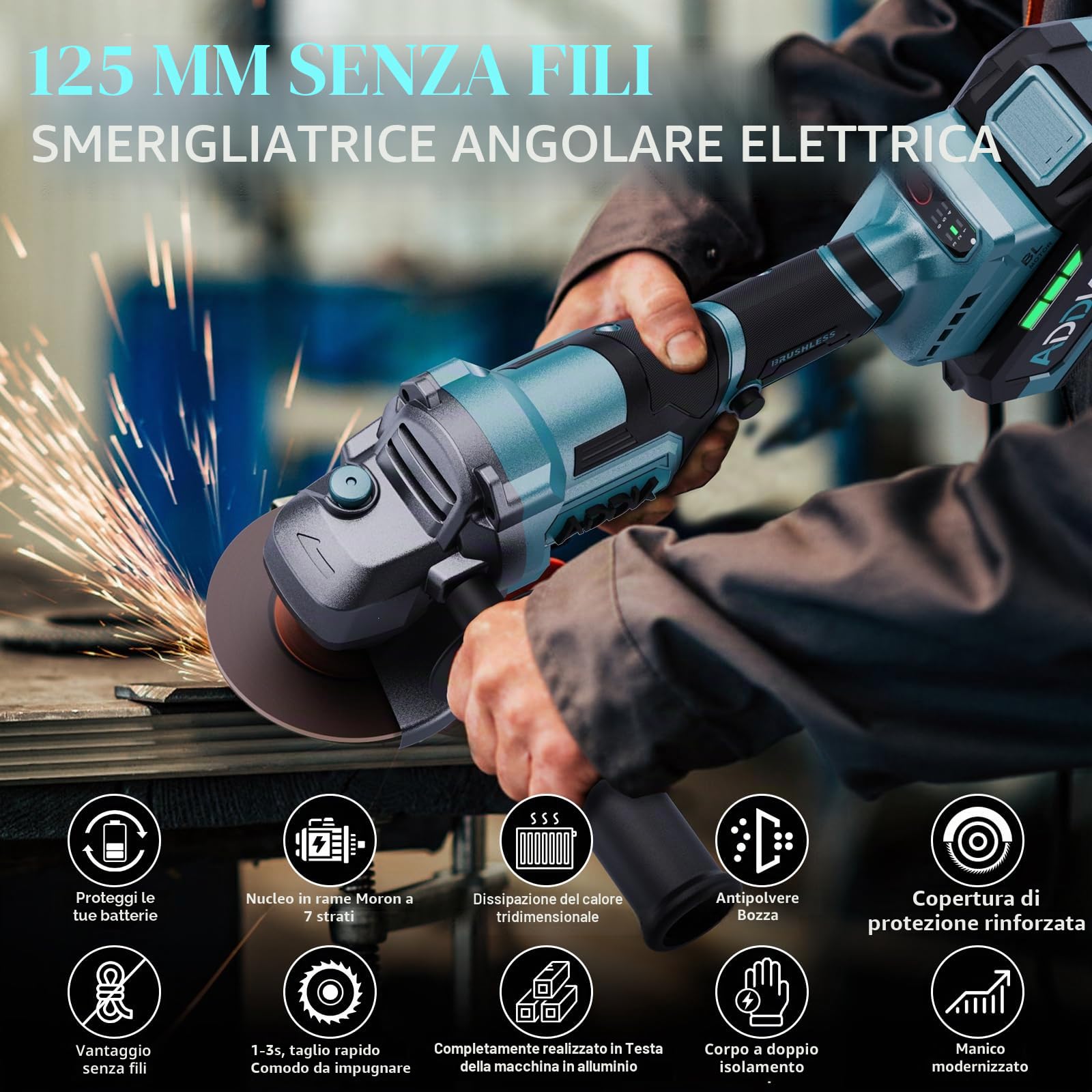 Smerigliatrice angolare senza fili,Professional Smerigliatrice angolare 125mm con 1 batteria 4.0Ah,6 velocità regolabili,Motore Brushless, adatto per la macinazione, la lucidatura e il taglio (a)