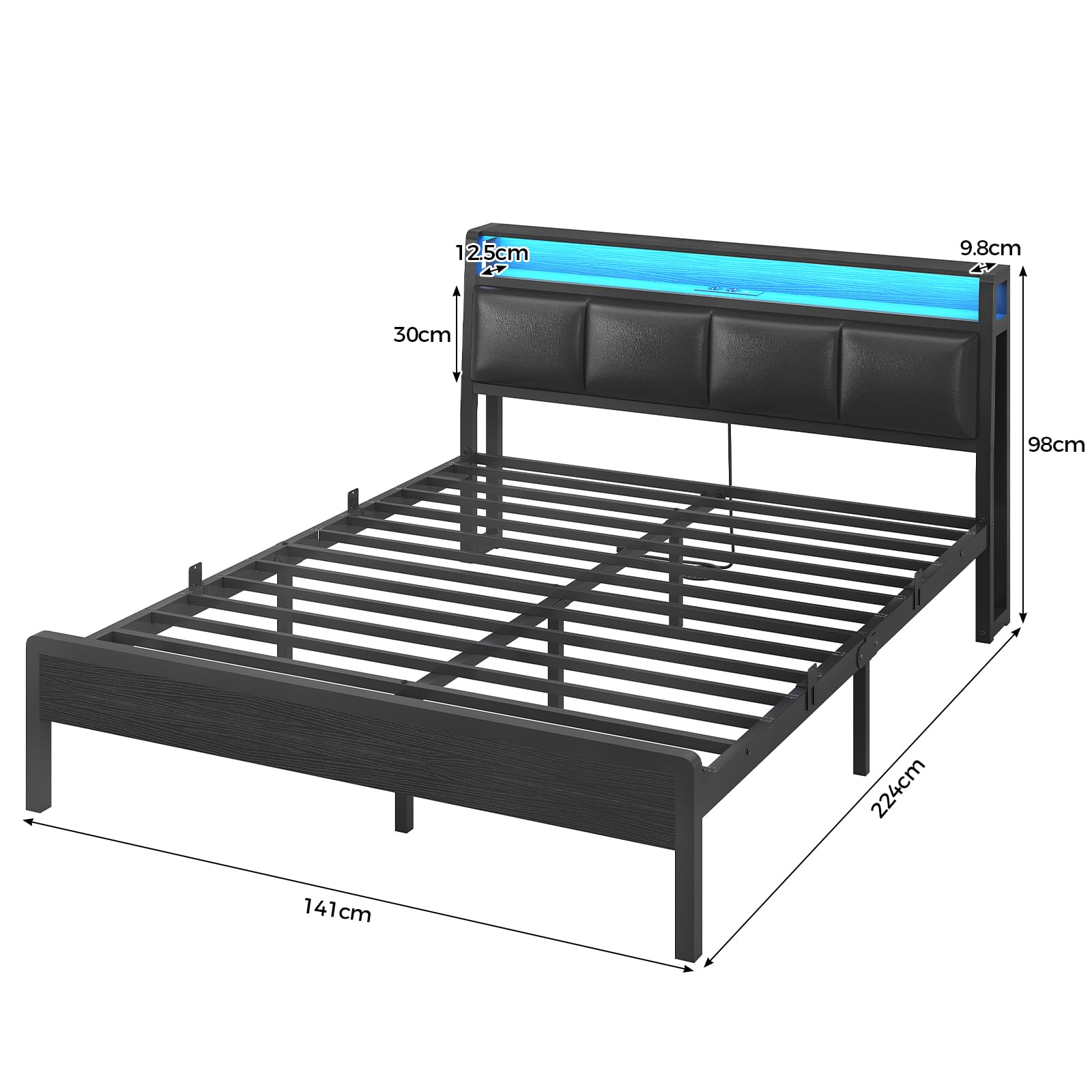 KIMENICH Bett 140 x 200, Bett mit LED-Beleuchtung, Polsterbett 140x200, Ladestation, Bettgestell mit Lattenrost, für Schlafzimmer, Gästezimmer, Schwarz