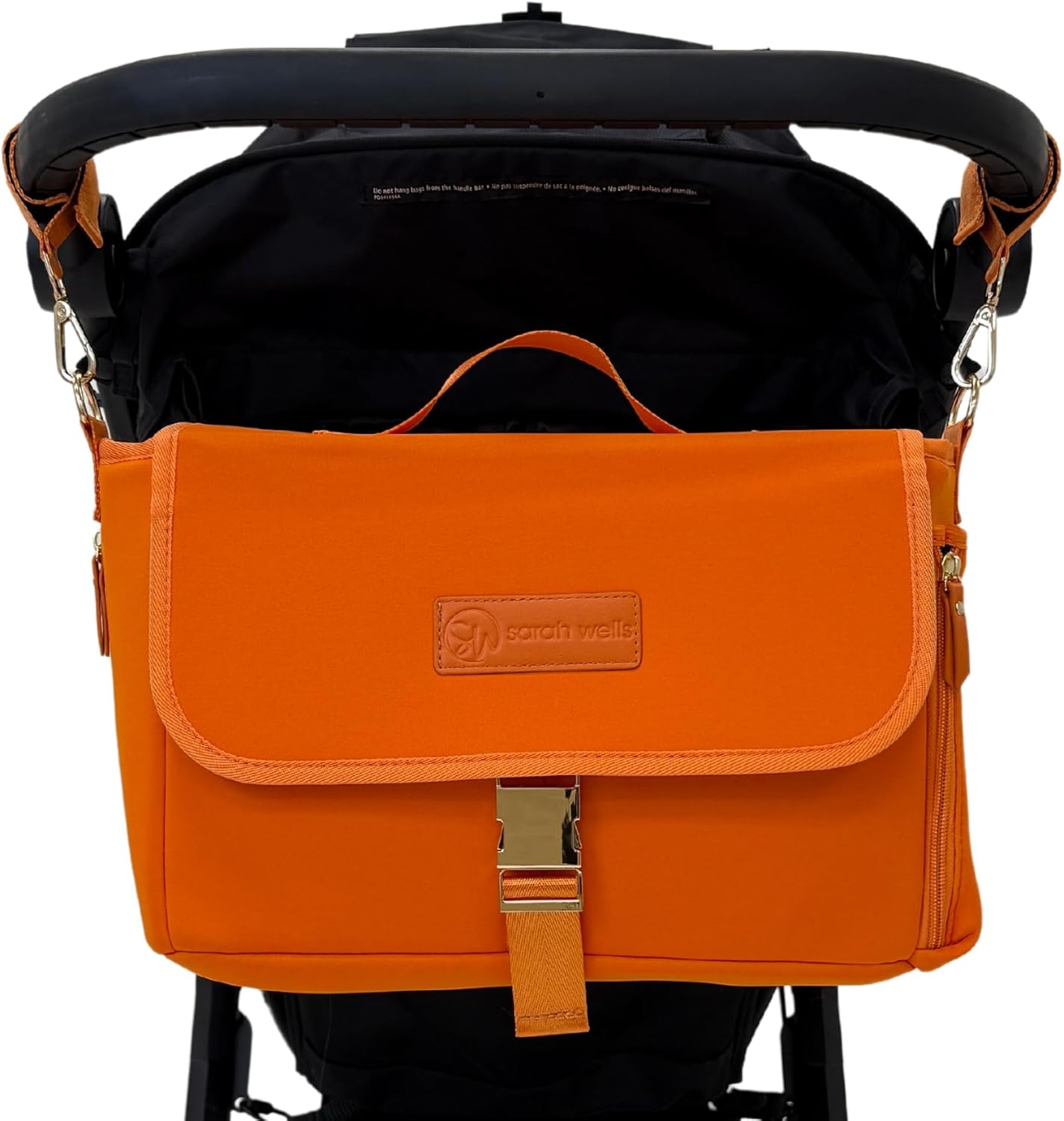 Sarah Wells Stroller Caddy & Pump Bag – Insulated Neoprene Diaper Organizer with Crossbody Strap, Machine Washable, Luggage Sleeve – Fits Single & Double Strollers (Orange)