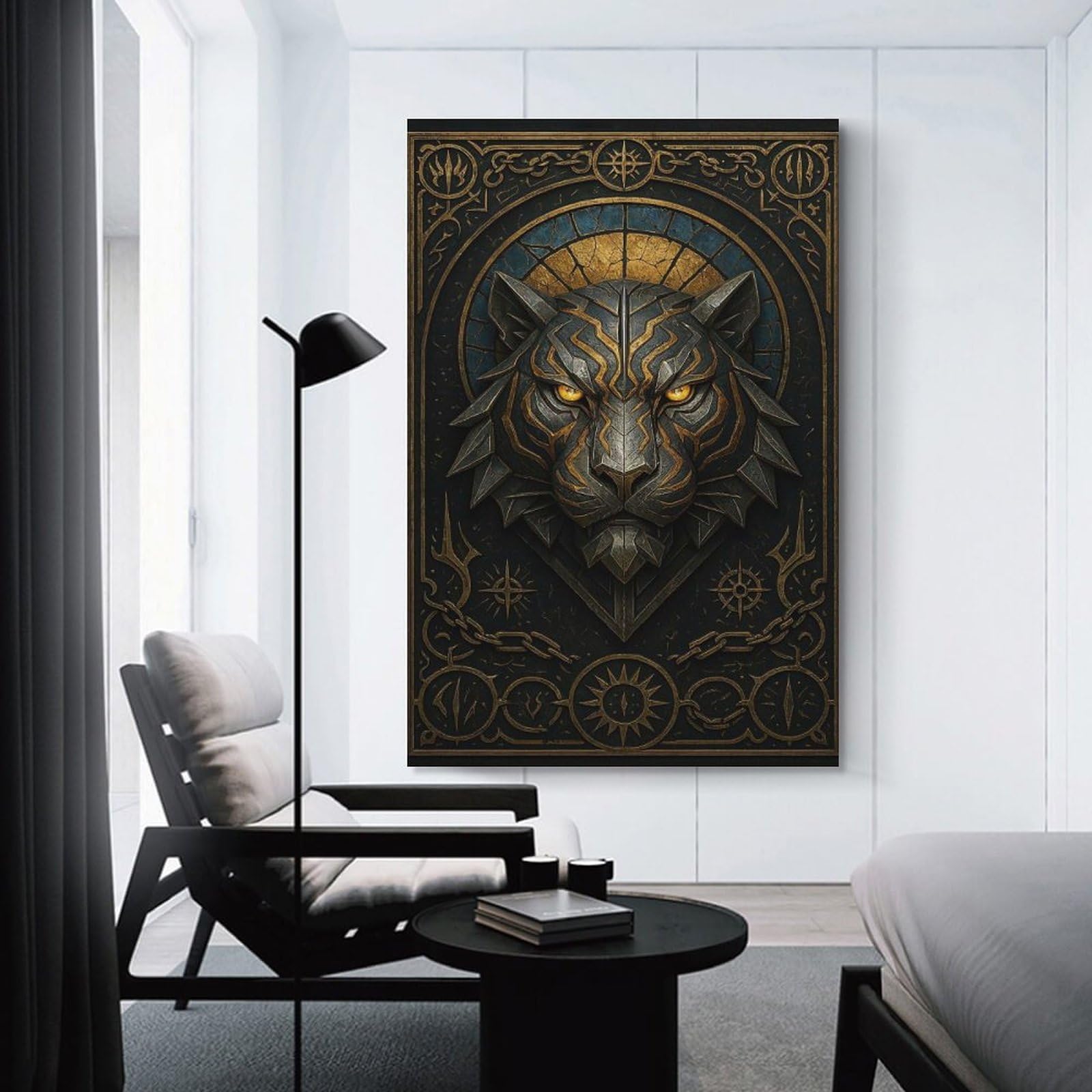 Junmoney Decorative Wall Artwork Tiger Head in Chains – Gothic Fantasy Warrior, 20x30inch(50x75cm), for Corridors, Hallways Or Apartment Entries, Wall Decor to Refresh Empty Corners
