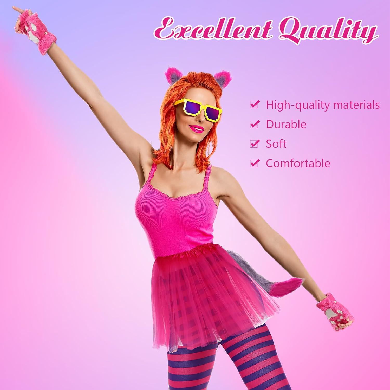 Suhine 5 Pcs Halloween Pink Purple Striped Cat Costume Include Cat Ears Tail Striped Legging Tutu Skirt Gloves for Girl Women - Image 5