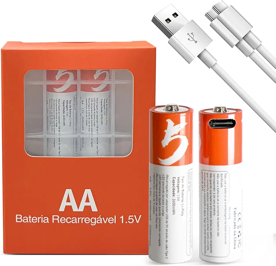 Pilha Recarregável AA 2600mWh 1.5V com 2 Unidades para Microfones Sem Fio, Câmeras e Controles Remotos
