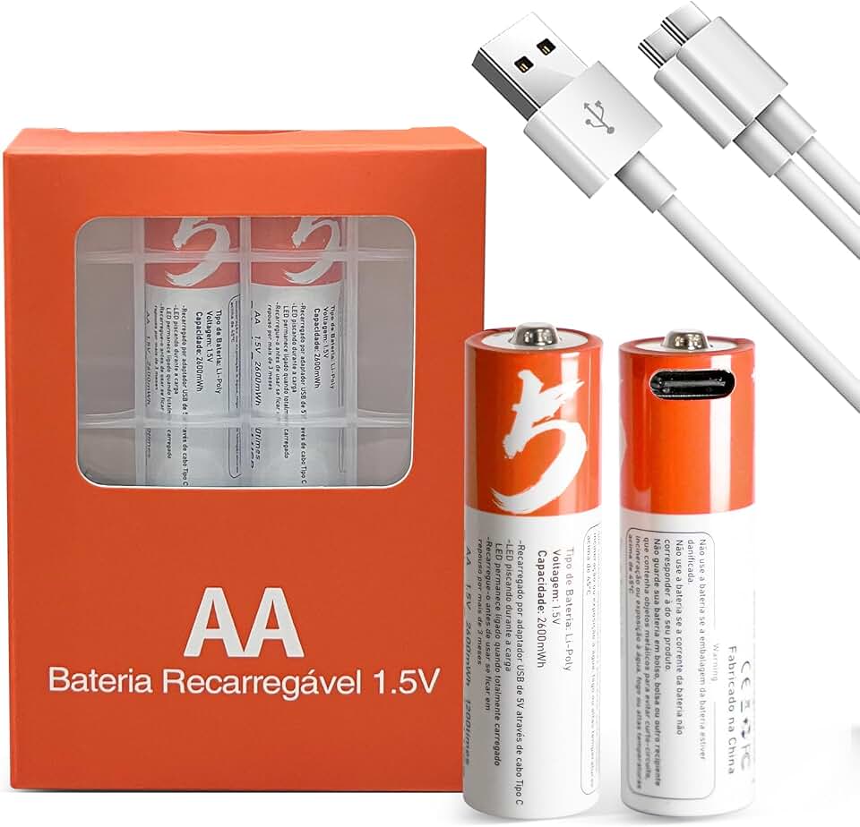 Pilha Recarregável AA 2600mWh 1.5V com 2 Unidades para Microfones Sem Fio, Câmeras e Controles Remotos