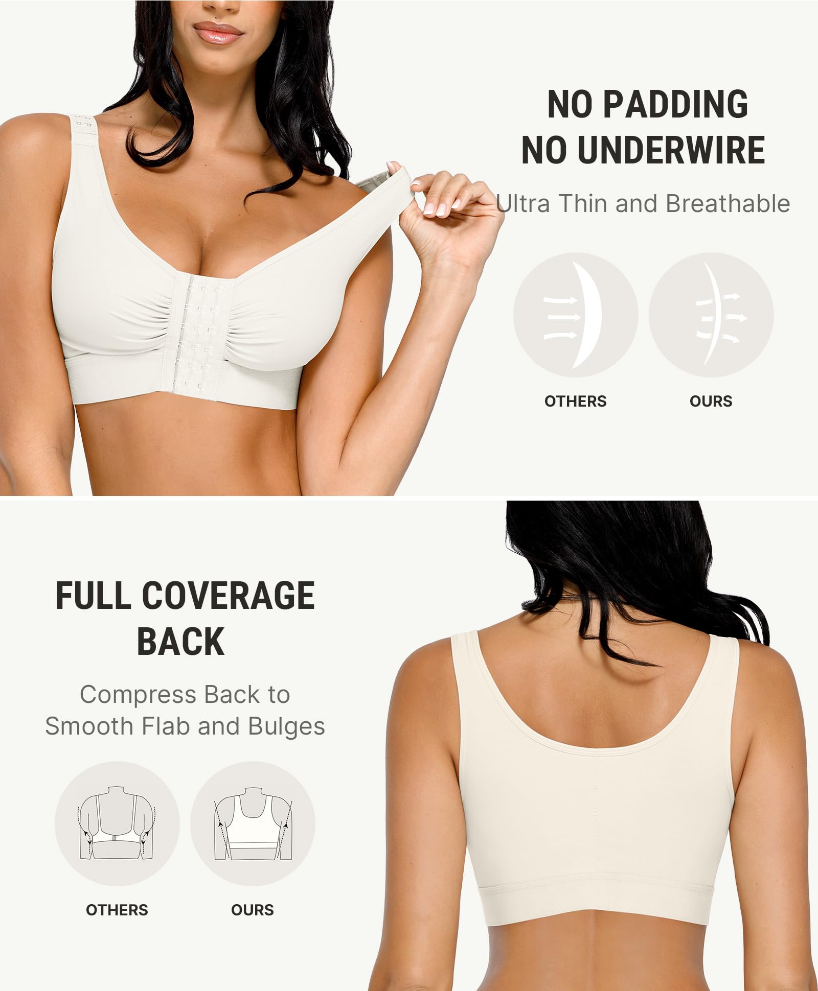 FeelinGirl Sujetador de compresión postoperatoria para mujer con cierre frontal y tirantes ajustables, sin varillas
