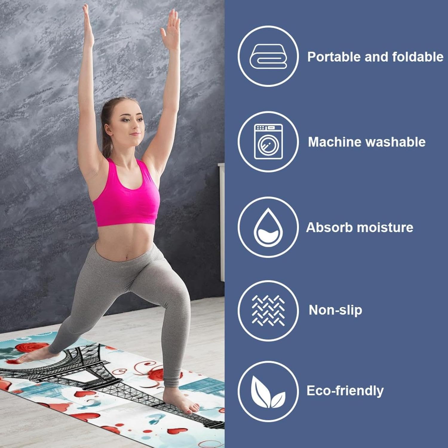 Yoga Towel, Eiffel Tower Valentine's Day Pattern Non Slip Sweat Absorbent Hot Yoga Mat Towel for Hot Yoga, Pilates and Fitness - 72.8" x 26.8"