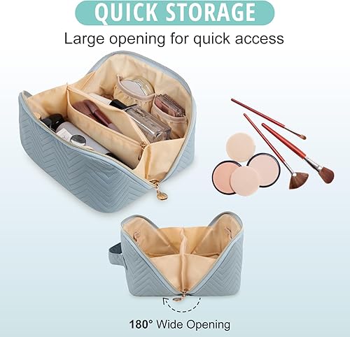 Miniatura 5 de Bunnychill Bolsa de maquillaje para cosméticos, bolsa de maquillaje de viaje de gran capacidad para mujeres con bolsa portátil abierta plana