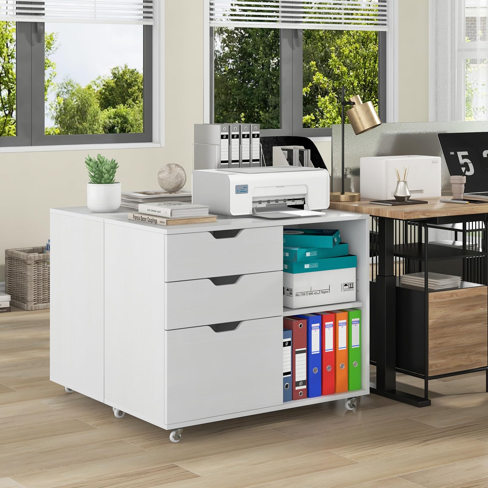 COSTWAY Cajonera con Ruedas, 3 Cajones, Cajoneras Escritorio con Estante Ajustable, Mueble Archivador Oficina, Carta, A4, Tamaño Legal, 81 x 40 x 66,5 cm (blanco)