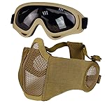 Yzpacc Airsoft Mask with Goggles, Foldable Half Face Airsoft Mesh Mask with Ear Protection for Paintball Shooting Cosplay CS Game
