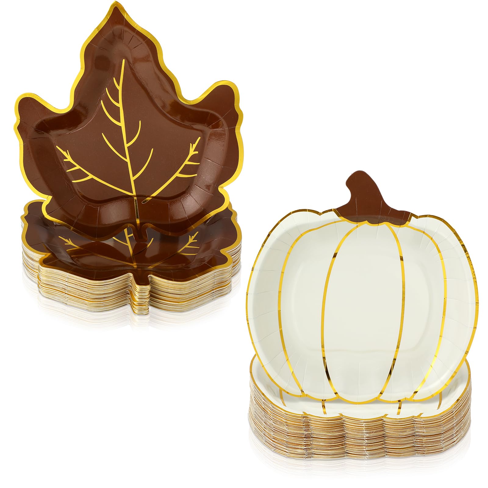 Mimorou Lot de 100 assiettes jetables en carton pour l'automne, Thanksgiving, la récolte de l'automne, la fête de la récolte de l'automne, la vaisselle de fête en feuille d'or en forme de citrouille
