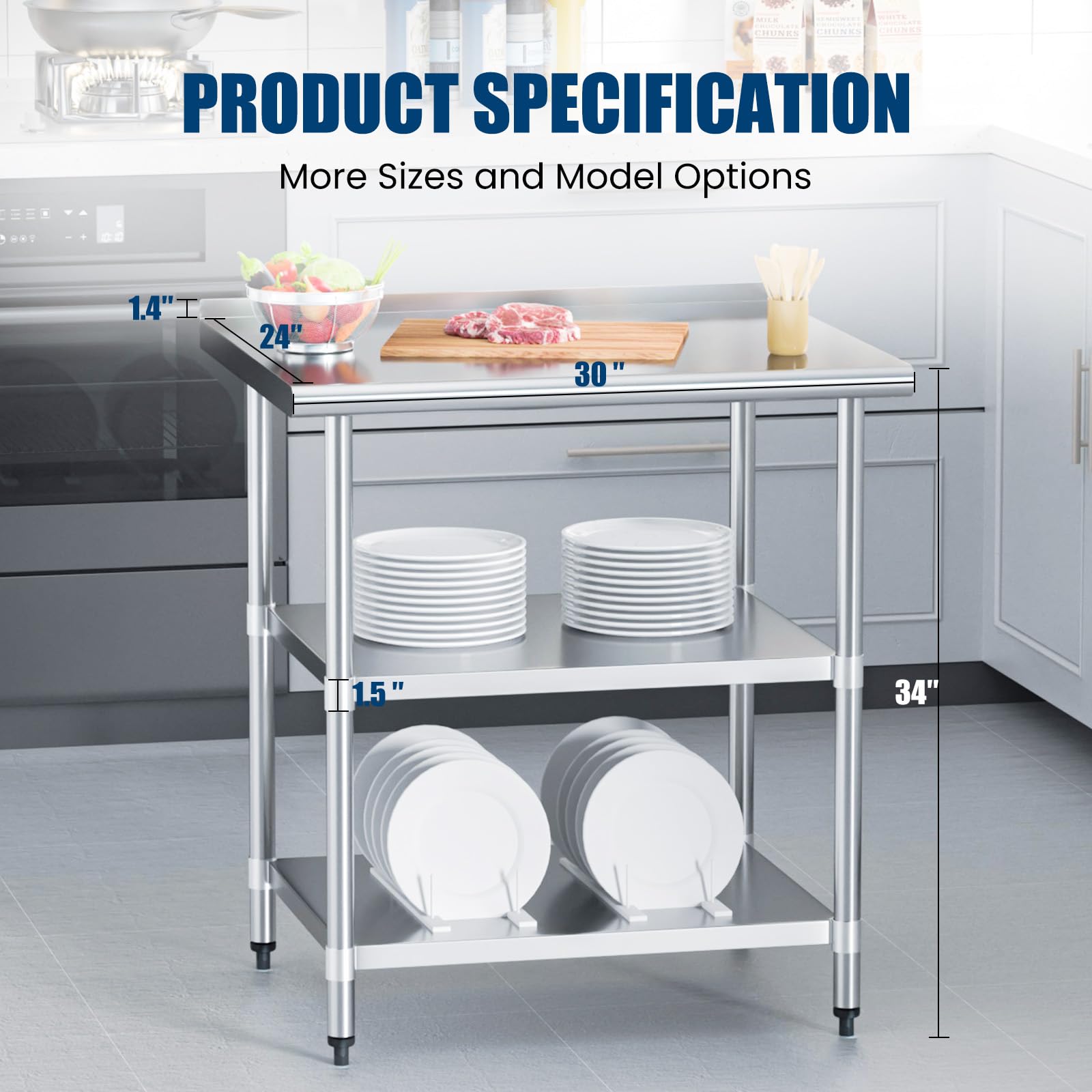 Mesa de acero inoxidable de 24 x 30 pulgadas, mesa de preparación de metal con 2 estantes inferiores ajustables y protector contra salpicaduras, mesa de trabajo de acero inoxidable para cocina