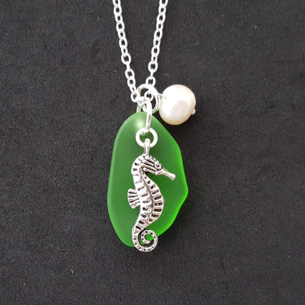 Handmade Emerald green sea glass necklace, May Birthstone, Seahorse charm, Natural pearl, (Hawaii Gift Wrapped, Customizable Gift Message)
