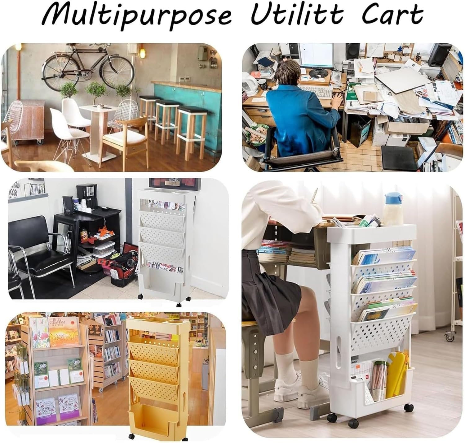 Étagère de Bureau Mobile Chariot de Bibliothèque,à 5 Niveaux,avec roulettes,Organiseur Porte-revues,Chariot de Rangement Fin,pour la Maison,Cuisineet l'école,Enfants(Yellow)
