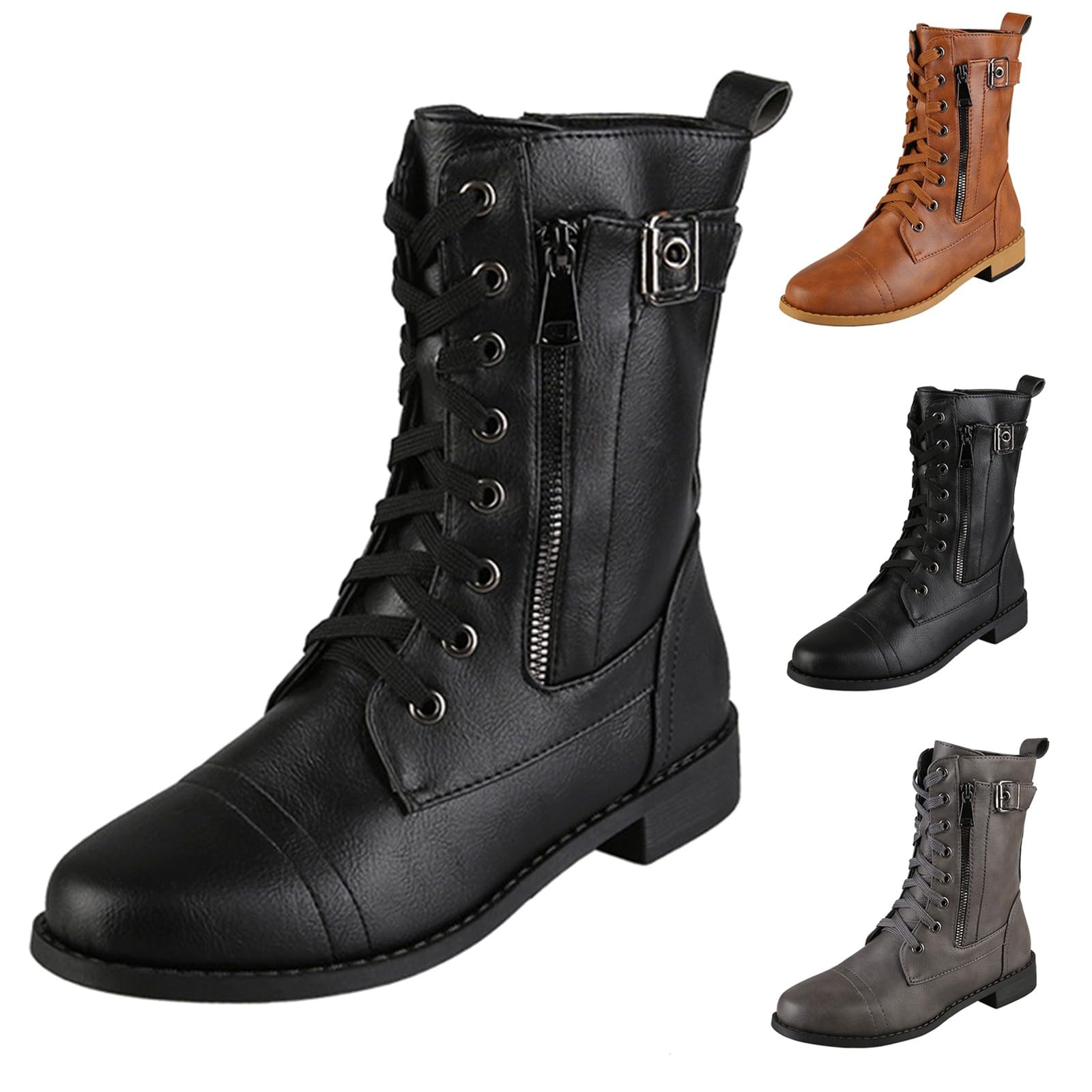 Botines para mujer con tacón de piel – Botines con cordones de piel sintética Botas de saltar de punta redonda Botas de equitación de media altura antideslizante Botas de invierno Botas de moto con