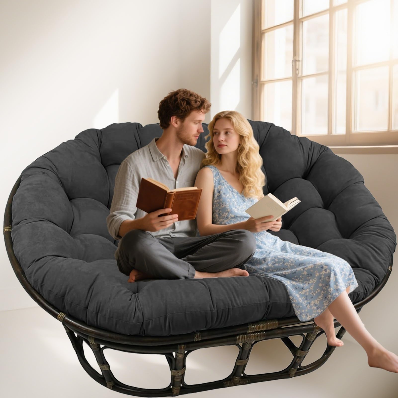 DLLDLGG Double Papasan Cushion Only, Thick Soft Tufted Wicker Egg Hanging Chair Cushion, Outdoor Oversized Overstuffed Round Chair Pad for Patio Garden Balcony Porch