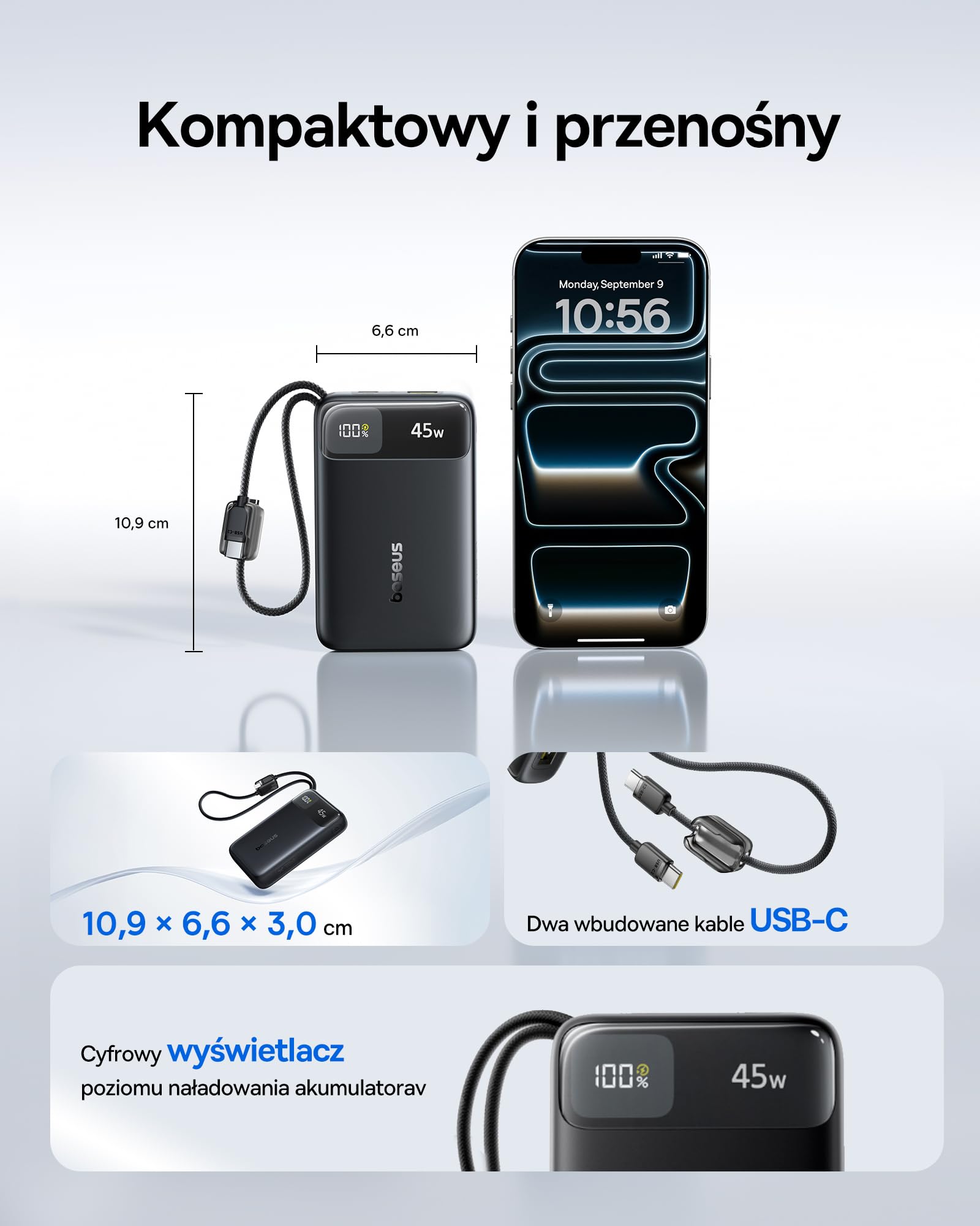Baseus FC11 Power Bank, przenośna ładowarka 20000 mAh z podwójnym wbudowanym kablem, kompaktowy akumulator 45 W, chowany kabel, inteligentny wyświetlacz, do iPhone'a Air/17/16, iPada, laptopa
