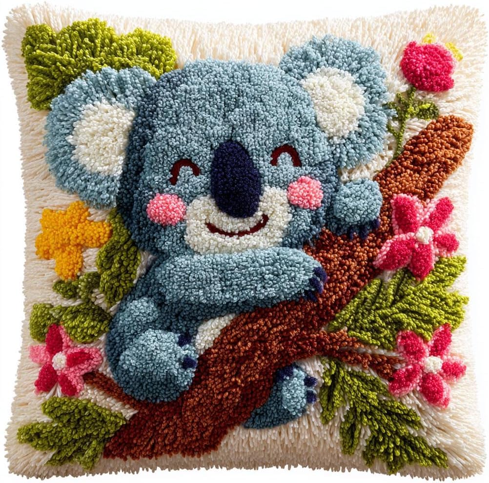 ZUHK 3D DIY Latch Hook Kits -17x17 Inch with Colorful Printed Canvas,Beginners Animals Latch Hook Pillow Kit,fit for Christmas, Halloween,Home Sofa Decoration (Koala 2)