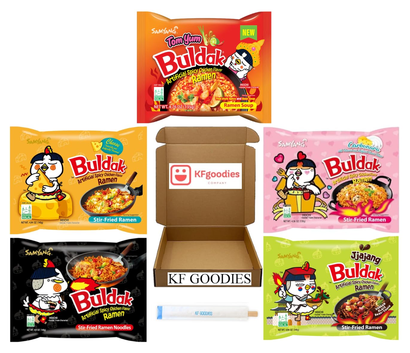 Samyang Buldak Hot Spicy Chicken Ramen Noodle Korean Stir-Fried Ramen (5 Pack, Carbonara, Cream Carbonara, Cheese, Original, Tom Yum)