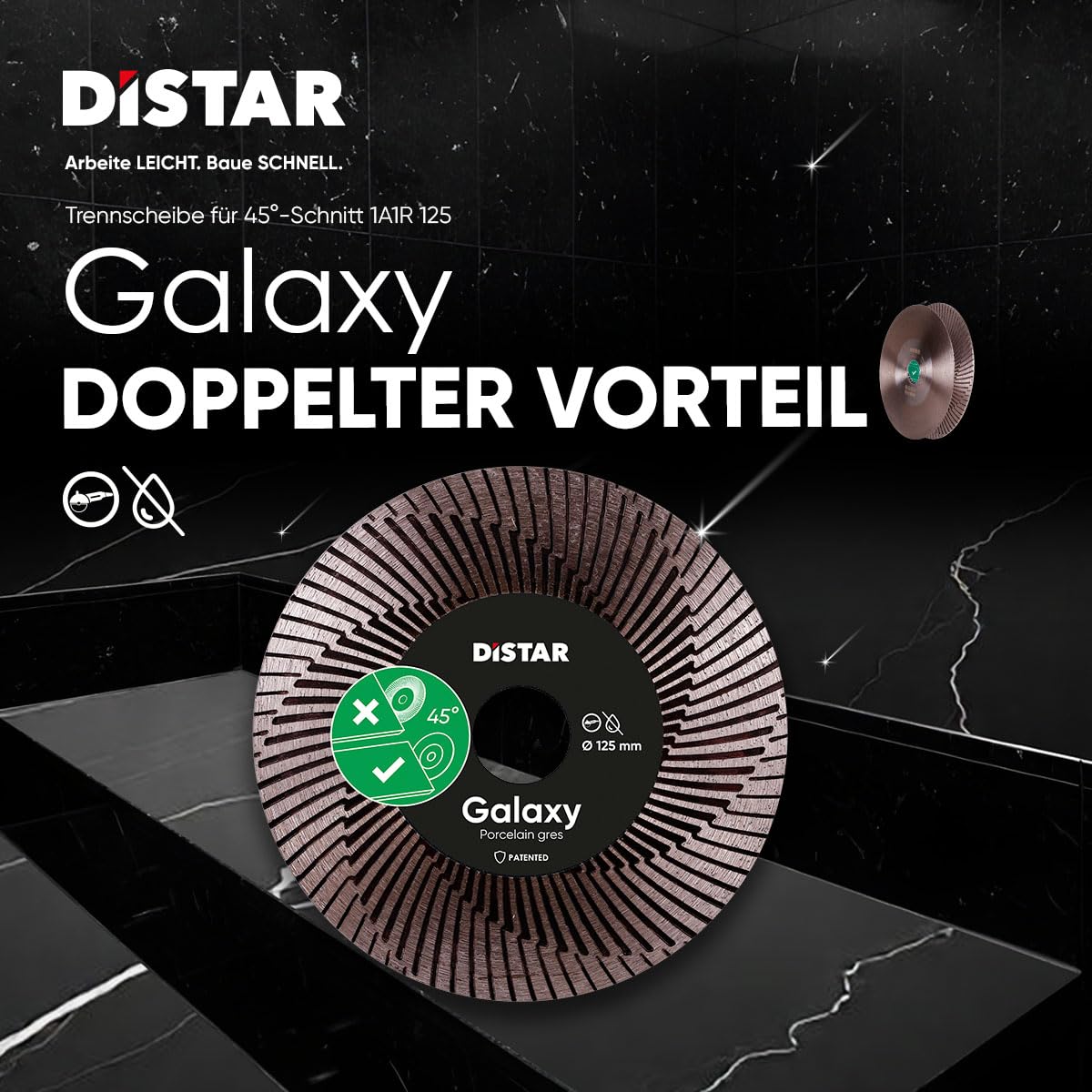 Distar Diamanttrennscheibe 125 mm Galaxy – Fliesenschneider Winkelschleifer Scheibe Feinsteinzeug Keramik Trennscheibe 125x22,23 mm Profi