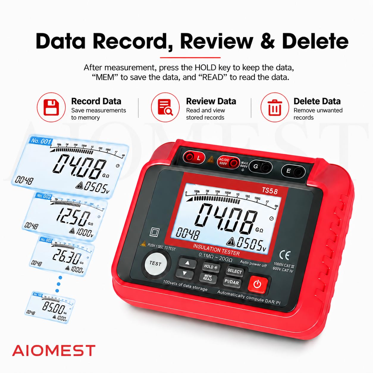 Mégohmmètre Testeur de Résistance d'Isolement, AIOMEST Controleur Isolement 20GΩ, Tension Sortie 50V~1000V, Enregistrement Données, Voltmètre AC/DC 10V~600V, Metre Isolé 1000V avec étui Transport