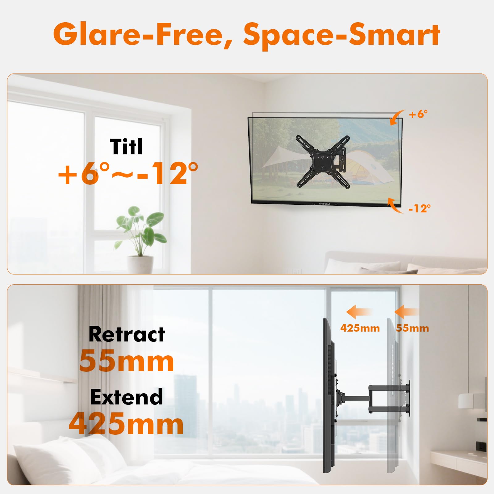 GRIFEMA GB1010 Supporto TV Parete per 26-65", Staffa TV con Braccio Girevole ed Estendibile, Fino a 35kg, VESA Max 400x400mm, Universale Porta TV da Parete, Nero