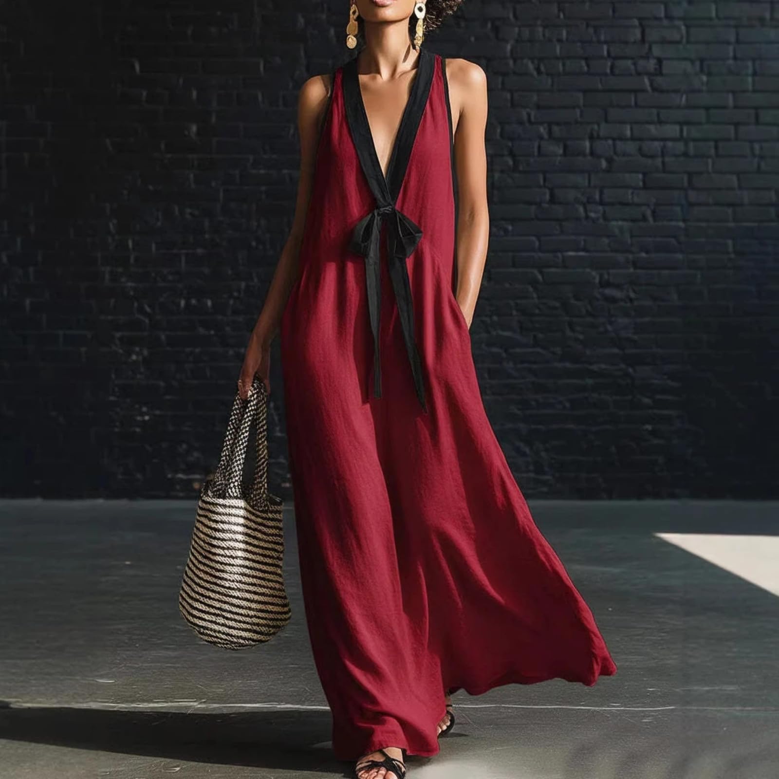 Vestido Largo Largo sin Mangas de Escote en V con Escote en V de Bloques de Color de Verano