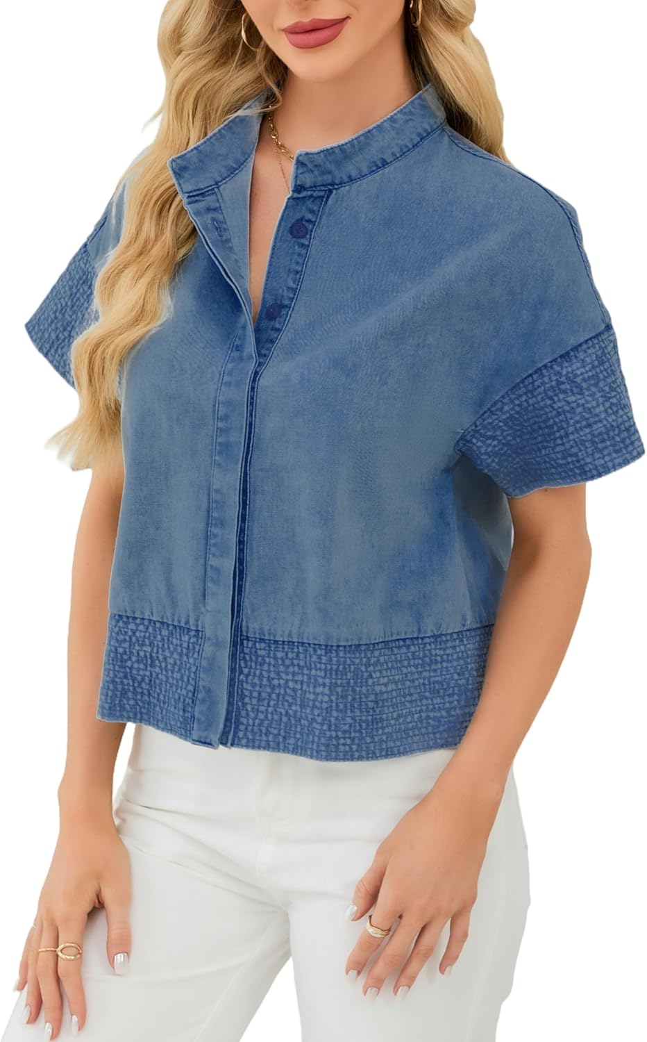 EZAPINE Womens Crop Denim Jacket Short Sleeve Button Down Lightweight Jean Tops Trendy