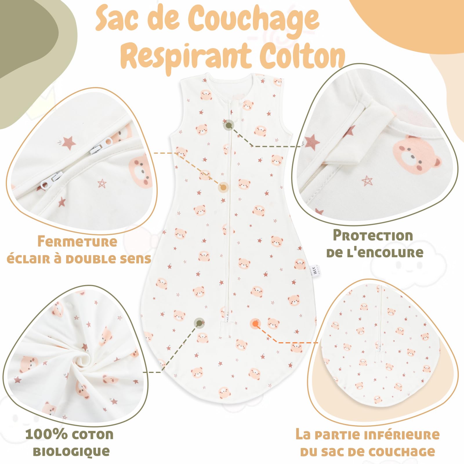 0.5 Tog Gigoteuse, 2Pcs Gigoteuse Ete pour Bébé, 100% Coton Turbulette Ete sans Manches Respirant Taille Réglable Gigoteuse pour Bébé 6-18 Mois (65 cm-85cm,2Pcs)