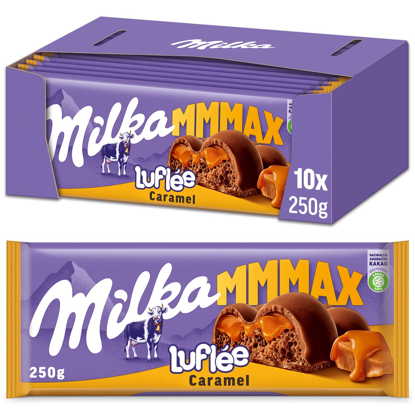 Milka Luflée Caramel Großtafel 10 x 250g, Zartschmelzende Schokoladentafel mit flüssigem Kern und luftiger Alpenmilch
