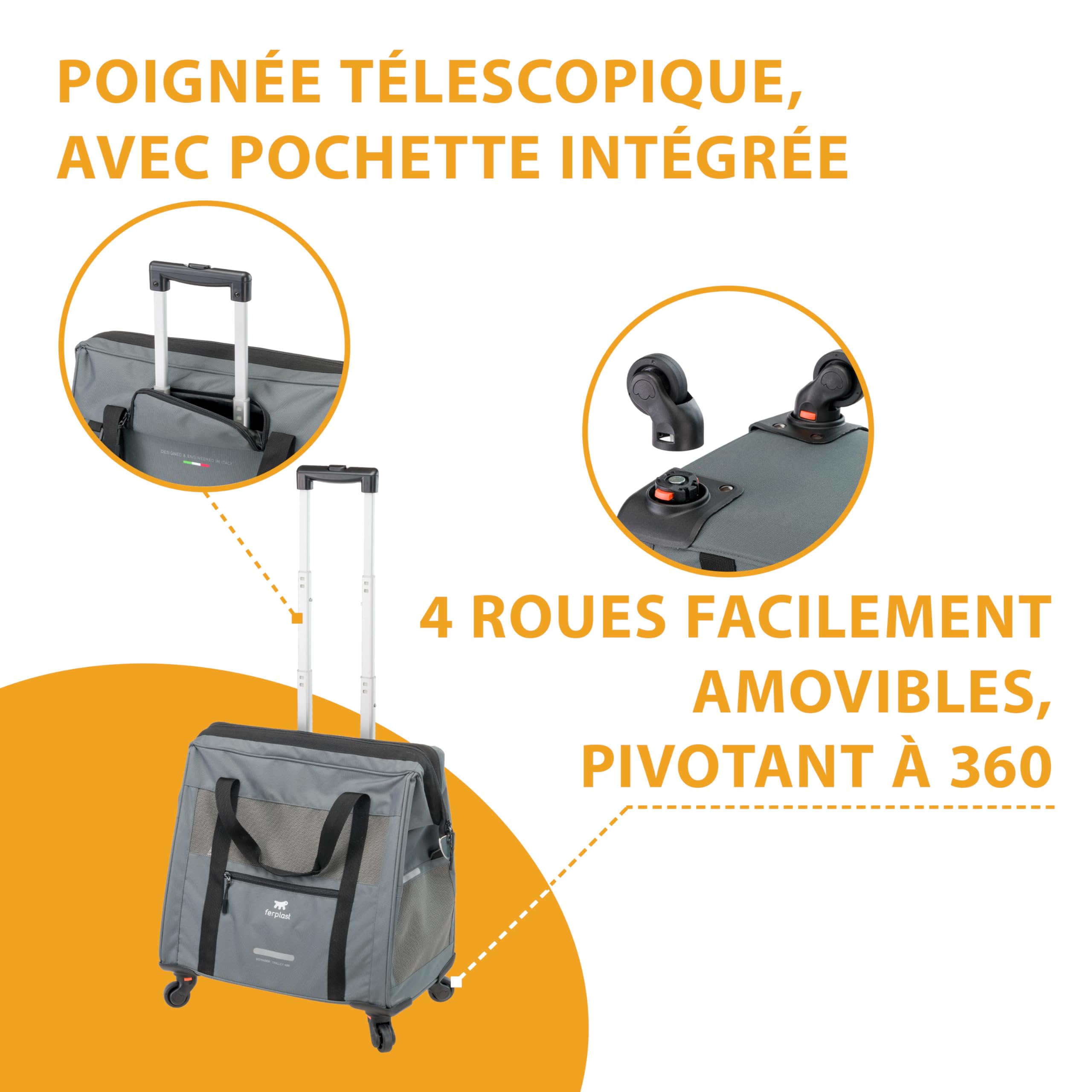 Ferplast Sac de Transport pour Chat Voyager Trolley, Sac Transport Chien, Poignée Extensible, Sangles Réglables, Large Ouverture, Roues Amovibles, Max 15 kg, 46 x 26 x 48H cm, Gris